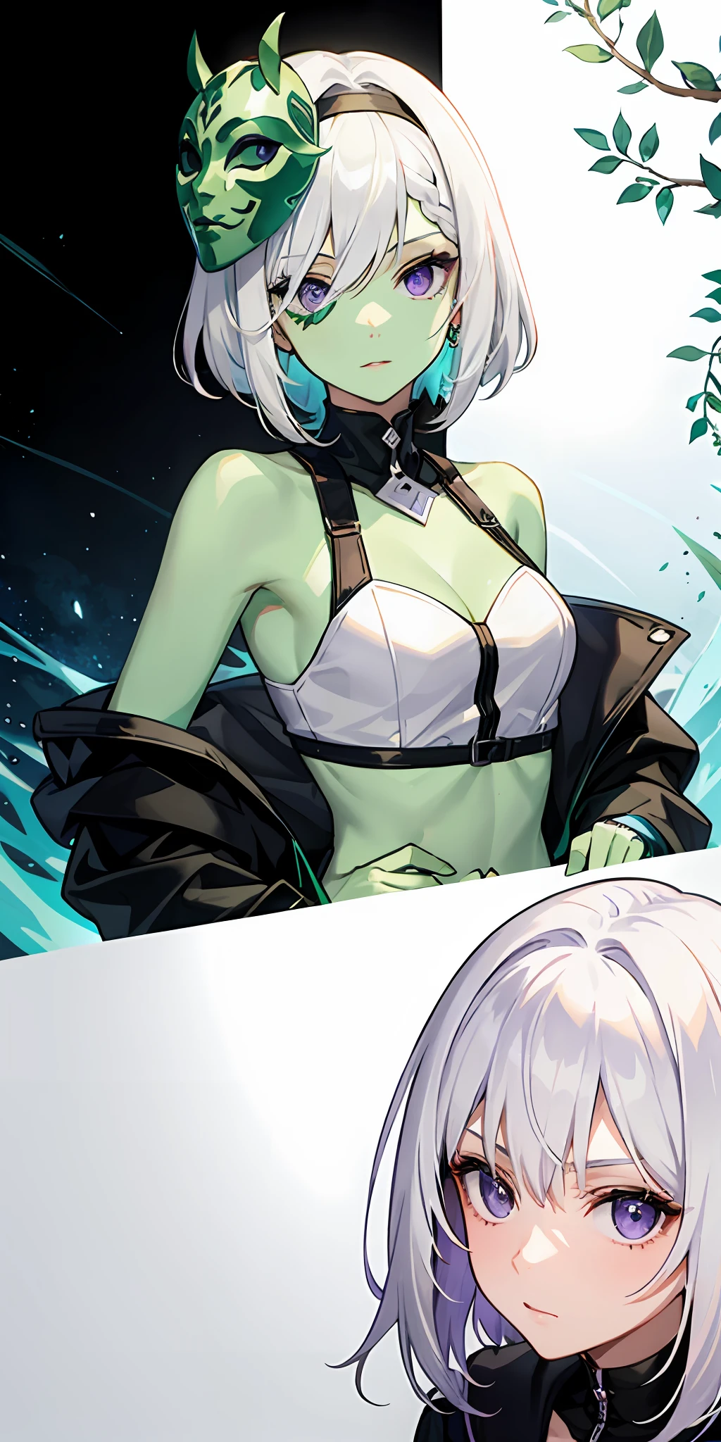 Girl with green skin,White hair,O cabelo multicolorido,Purple eye,Wear a mask on your head,Sideslit,light particules,the wallpaper,