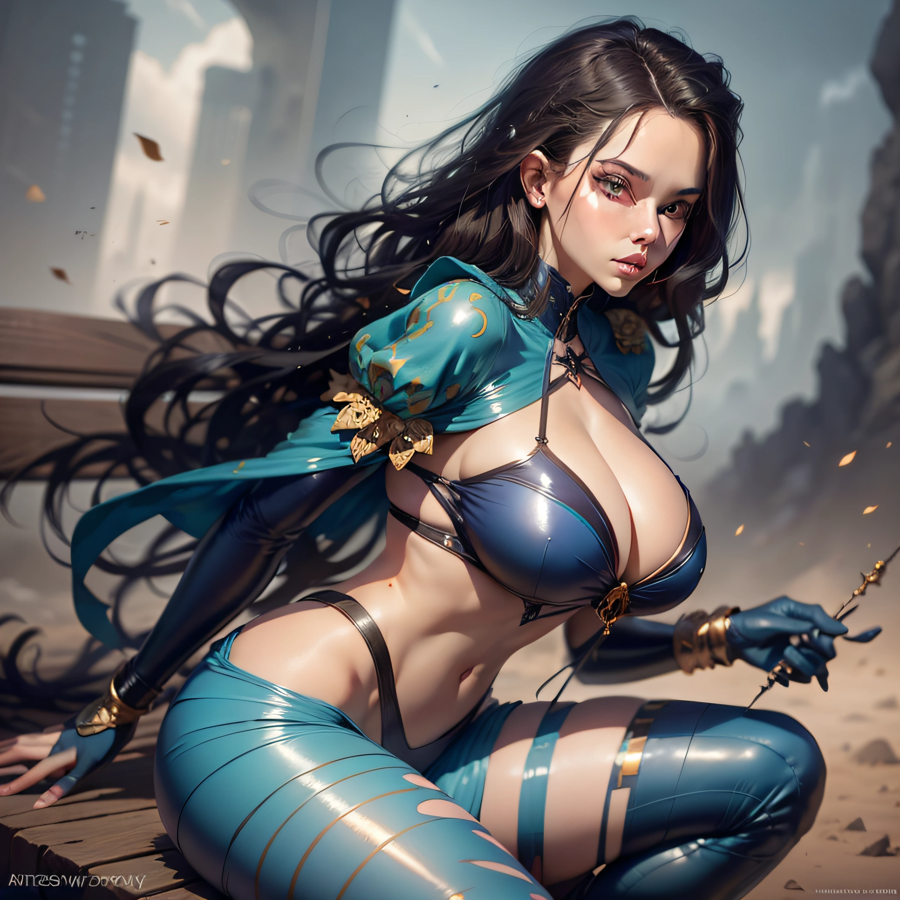 Close up portrait of woman in blue costume sitting on bench, 4K fantasy art, artgerm julie bell beeple, wlop | ArtGerm,(((ridiculously large breasts)))、(Ridiculously huge breasts:1.5)、((huge udder))、 wlop art, art of Wlop, epic fantasy art style hd, Style ArtGerm, wlop and ArtGerm, hd fantasy art, epic fantasy digital art style