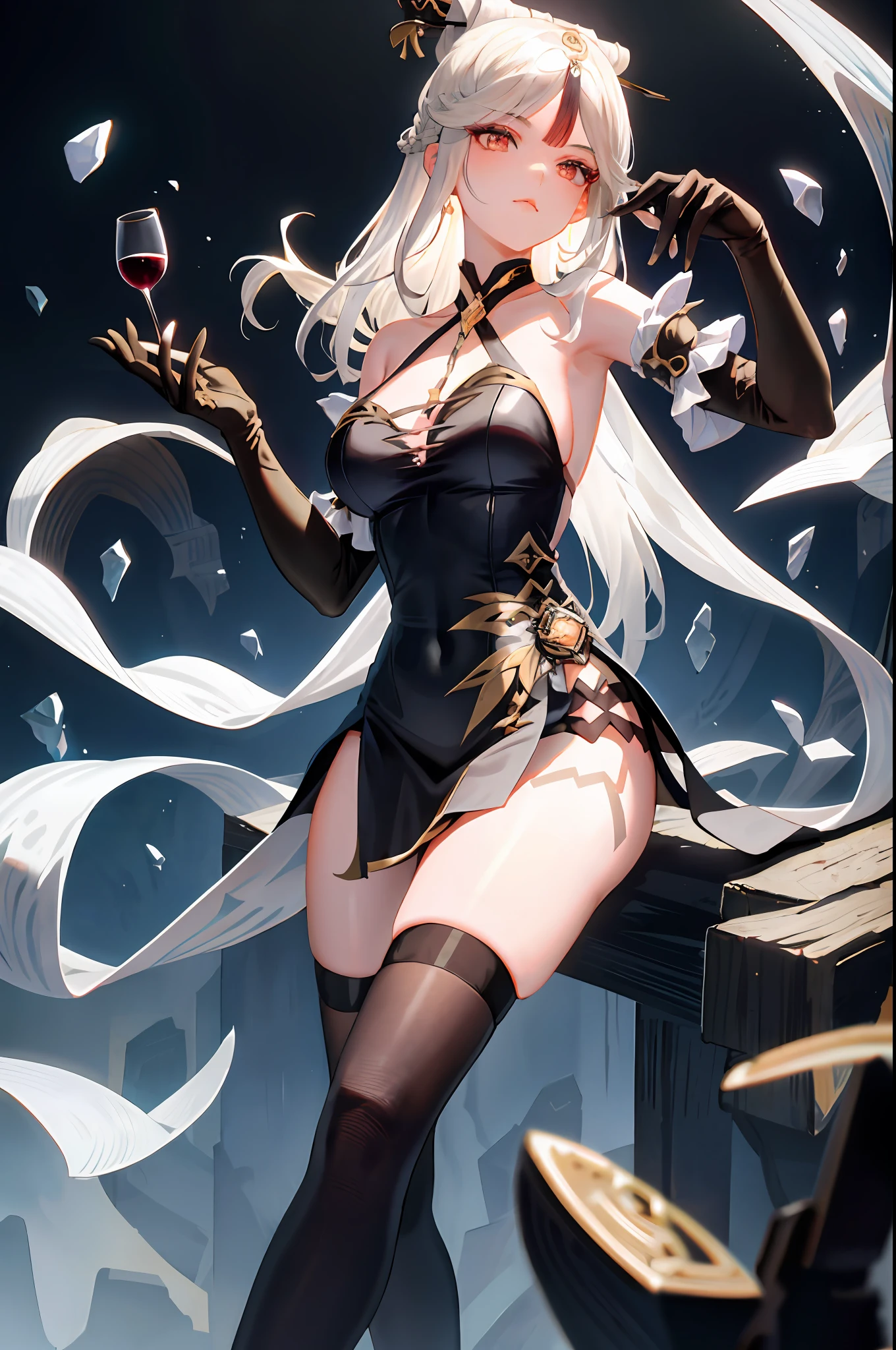 Ningguang, genshin impact, 1girl, alcohol, alternate costume, armlet, bare shoulders, black background, black dress, black gloves, black thighhighs, breasts, cleavage, criss-cross halter, cup, dress, drinking glass, flower, gloves, gradient background, hair between eyes, hair ornament, halterneck, holding, holding cup, large breasts, long hair, braid hair, looking at viewer, silver hair, silver short nails, see-through gloves, solo, thighhighs, thighs, wine, wine glass, ((masterpiece)) black pleated skirt, sitting,