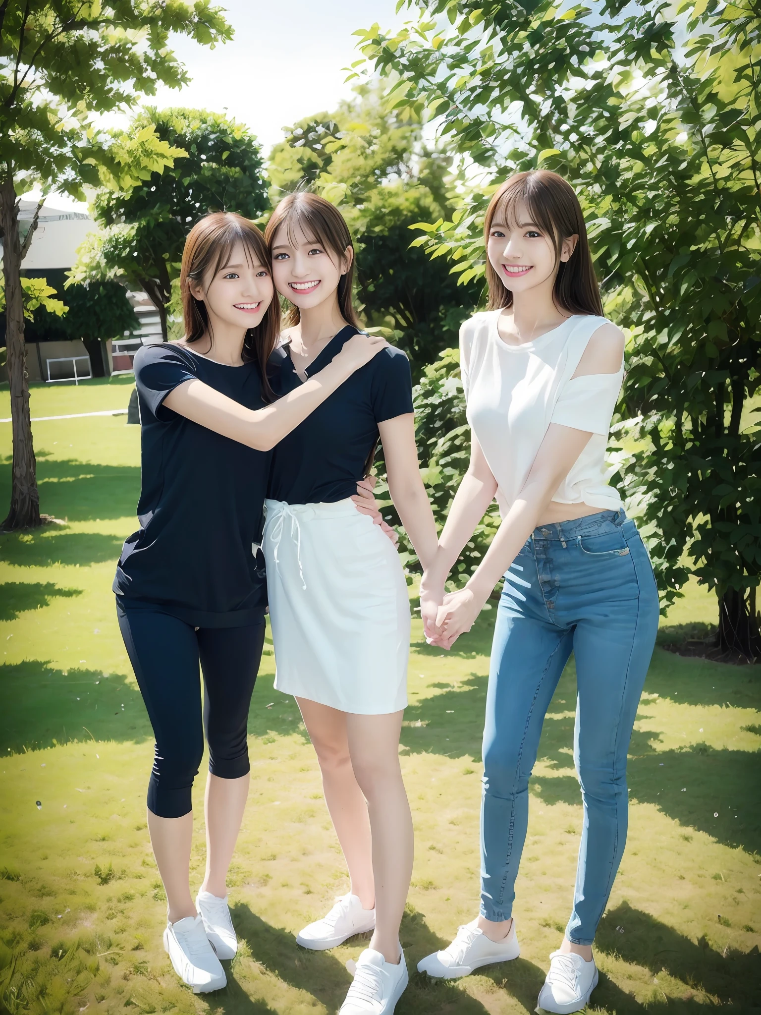 (超高分辨率,RAW photogr,realisticlying,tmasterpiece,best qualtiy:1.4),Complicated details,2 20 year old Korean girl,Wear a loose black T-shirt and skinny jeans,Stand on the grass and take pictures,hugs,Intimate relationships,Detailed meadow,A sweet smile on a small face,Ultra-realistic facial details,The face and skin are pink and white, and luminous,Playful and coquettish pose,The calves are straight and slender:1.2,Wear high-end brand sneakers:1.0,eventide:0.3,Broad lighting,naturalshadow:1.0,超高分辨率,taking a full body photo:1.8 --auto