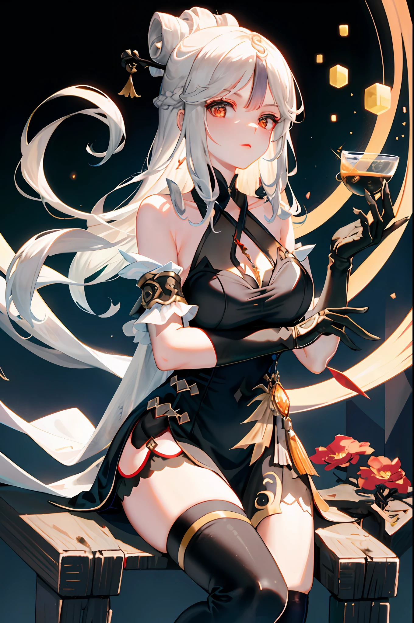Ningguang, genshin impact, 1girl, alcohol, alternate costume, armlet, bare shoulders, black background, black dress, black gloves, black thighhighs, breasts, cleavage, criss-cross halter, cup, dress, drinking glass, flower, gloves, gradient background, hair between eyes, hair ornament, halterneck, holding, holding cup, large breasts, long hair, braid hair, looking at viewer, silver hair, silver short nails, see-through gloves, solo, thighhighs, thighs, wine, wine glass, ((masterpiece)) black pleated skirt, sitting,