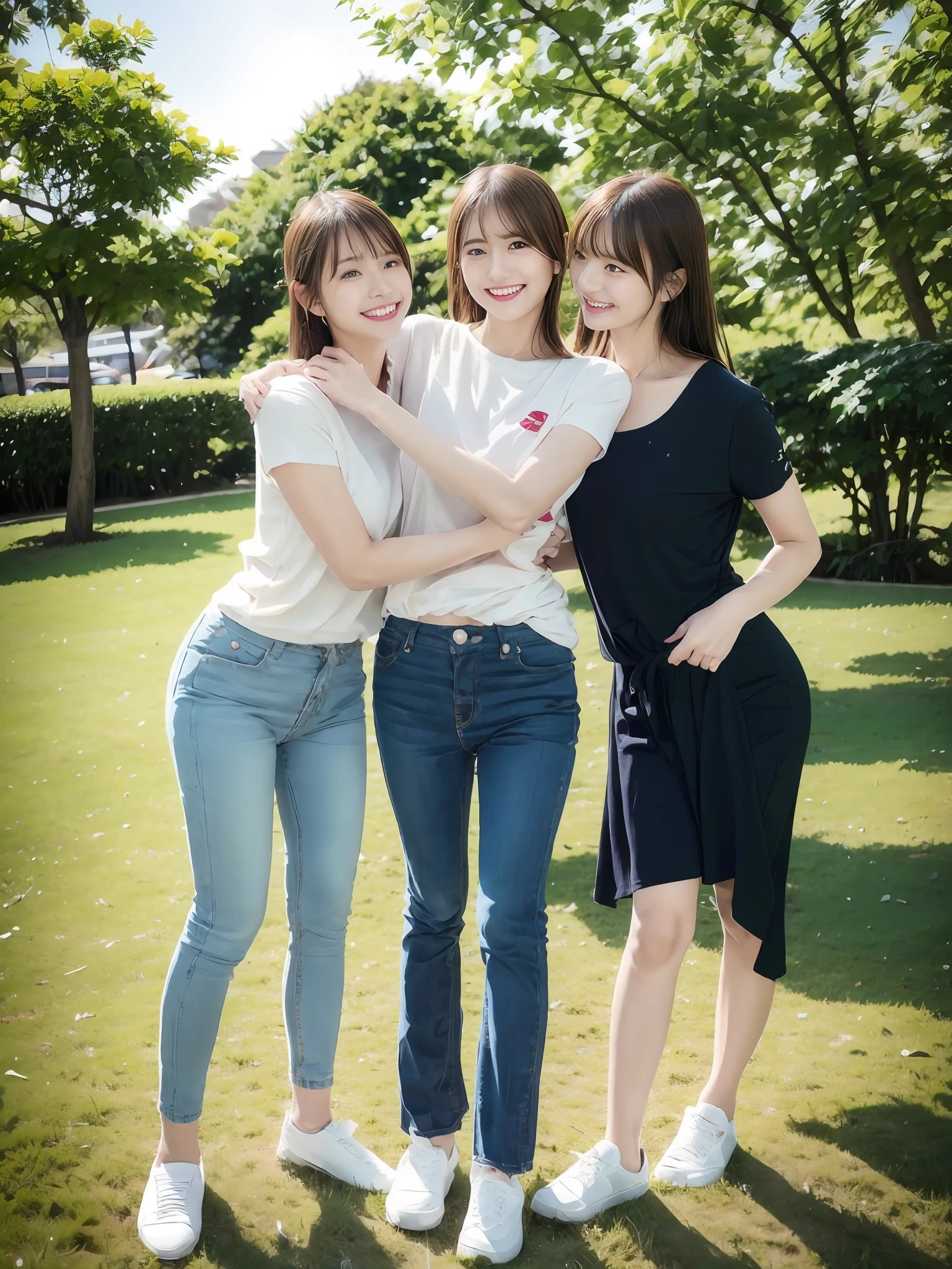 (超高分辨率,RAW photogr,realisticlying,tmasterpiece,best qualtiy:1.4),Complicated details,2 20 year old Korean girl,Wear a loose black T-shirt and skinny jeans,Stand on the grass and take pictures,hugs,Intimate relationships,Detailed meadow,A sweet smile on a small face,Ultra-realistic facial details,The face and skin are pink and white, and luminous,Playful and uettish pose,The calves are straight and slender:1.2,Wear high-end brand sneakers:1.0,eventide:0.3,Broad lighting,naturalshadow:1.0,超高分辨率,taking a full body photo:1.8 --auto