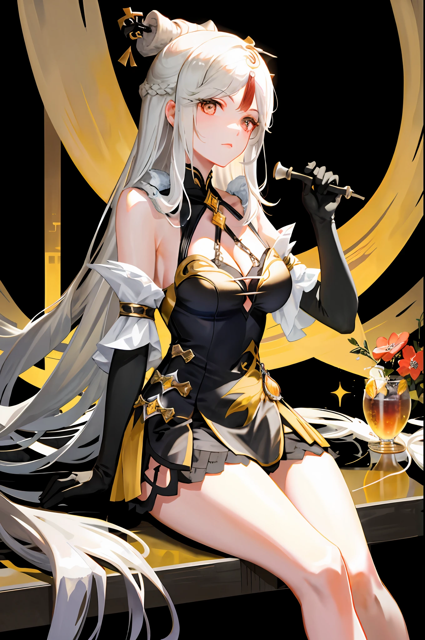 Ningguang, genshin impact, 1girl, alcohol, alternate costume, armlet, bare shoulders, black background, black dress, black gloves, black thighhighs, breasts, cleavage, criss-cross halter, cup, dress, drinking glass, flower, gloves, gradient background, hair between eyes, hair ornament, halterneck, holding, holding cup, large breasts, long hair, braid hair, looking at viewer, silver hair, silver short nails, see-through gloves, solo, thighhighs, thighs, wine, wine glass, ((masterpiece)) black pleated skirt, sitting,