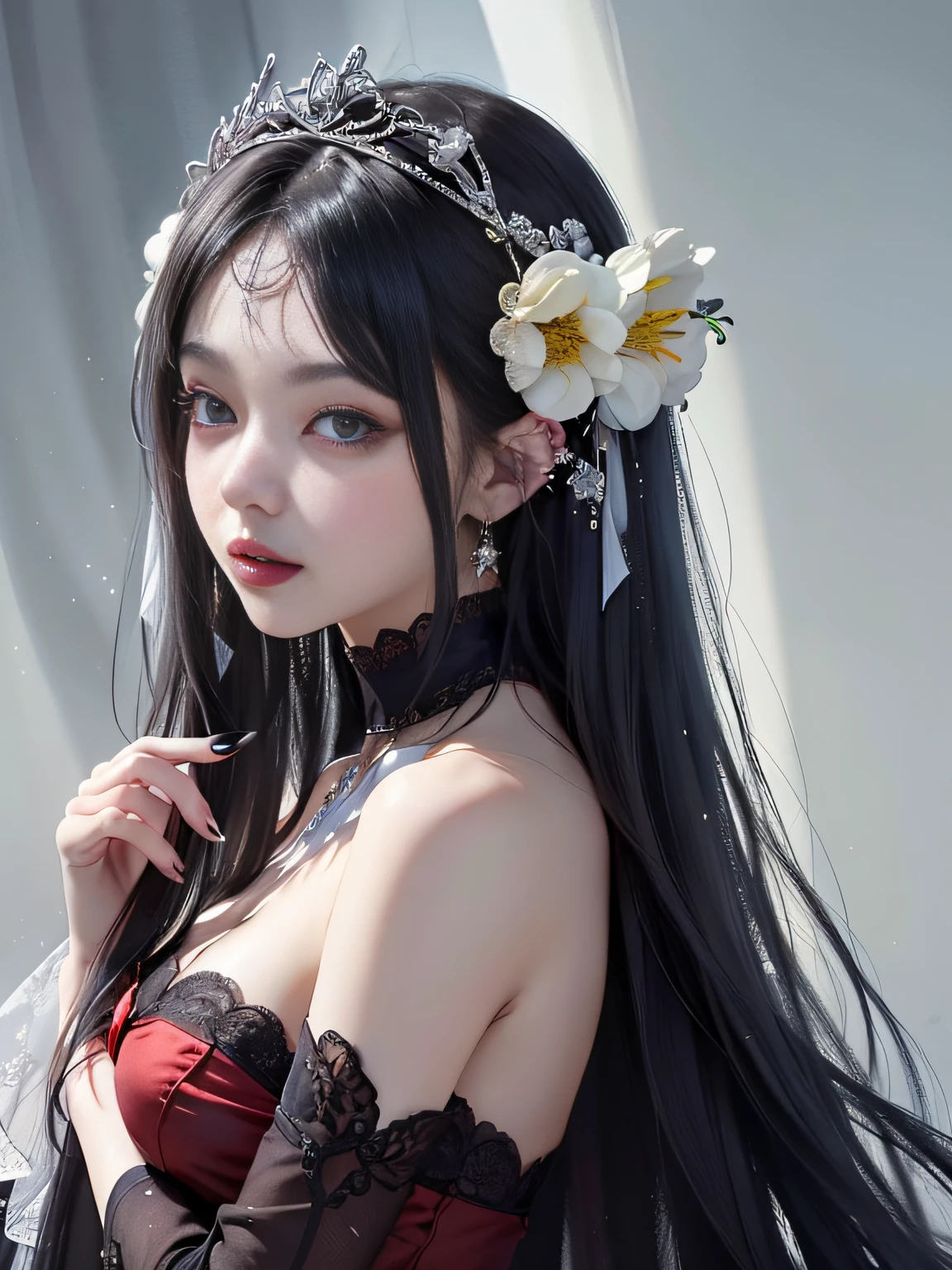 looking from above,((best qualtiy)),((tmasterpiece)),(the detail)1girll,She wore a red dress。Fits the body,It beautifully accentuates its curves。Her skin was as white as ivory,Soft and smooth to the touch。Her hair is straight,Lustrous black。Her long hair ran down her back,Make her figure look more beautiful。Her eyes were big and deep indigo。Her lips are painted with cherry-colored lipstick,Plump and raised。Her figure is somewhat mysterious,looking at viewert。She is in a minimalist、Simple and stark white room。Her face was beautifully trimmed,Her eyes and nose are clear。The big black eyes are attractive,It exudes a deep and subtle light。Her hair was long and shiny,Her ethereal beauty further enhances her charm。Her mouth is small,Well-shaped lips sparkle。Her skin is smooth,Tremendously beautiful,Almost silky,The slender waist has a smooth line,The are beautiful。,(,,,:1.2)