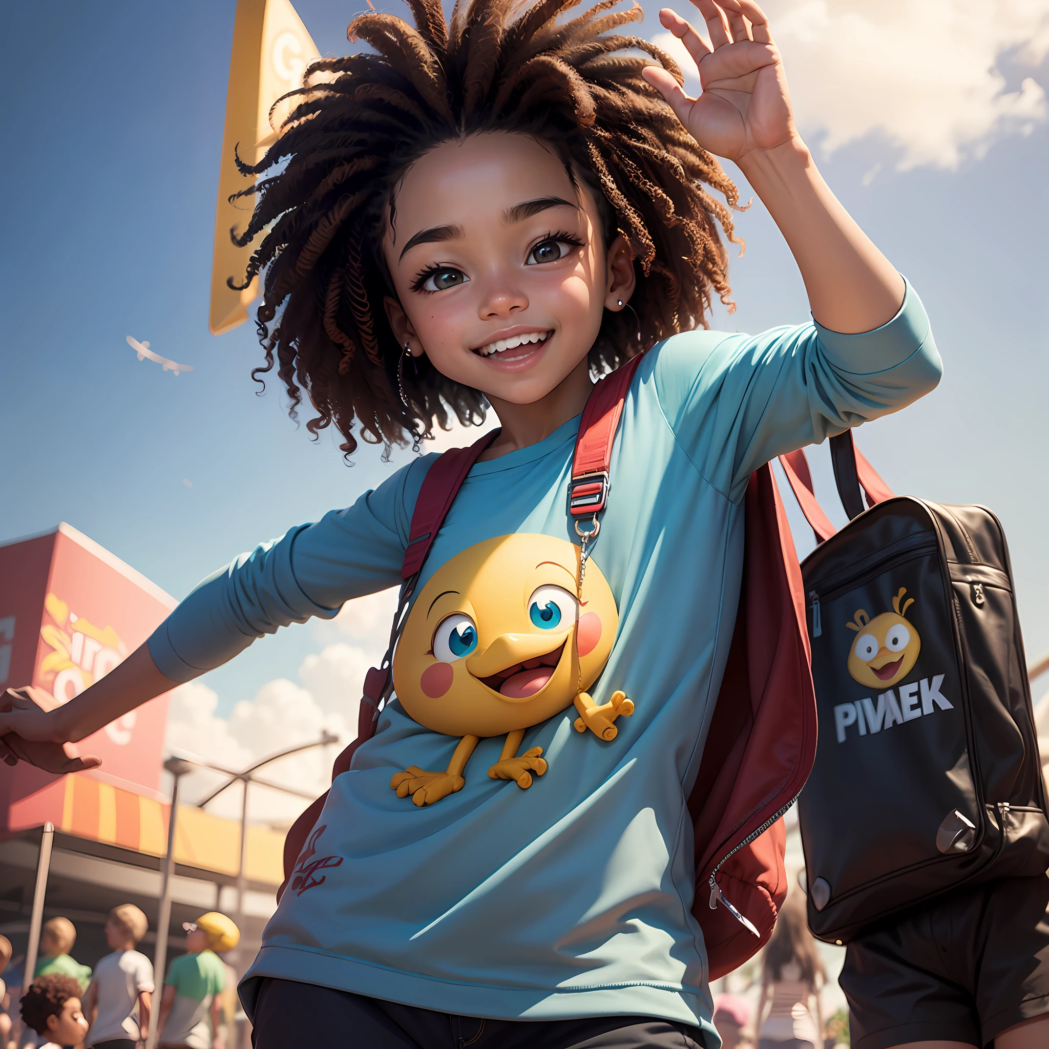 6--old artoon character in an amusement park on white background , a noite , 3 children with big bird ,Looking at your little friend in the sky , menino negro, (afetos faciais detalhados)(((baby))), arte dome, tiro limpo, Ghailan!, como um personagem pixar, jovem bonito, afro, grace and blessing, (((sorriso bonito))), renderizado em irreal, imagem promocional do filme, imagem renderizada