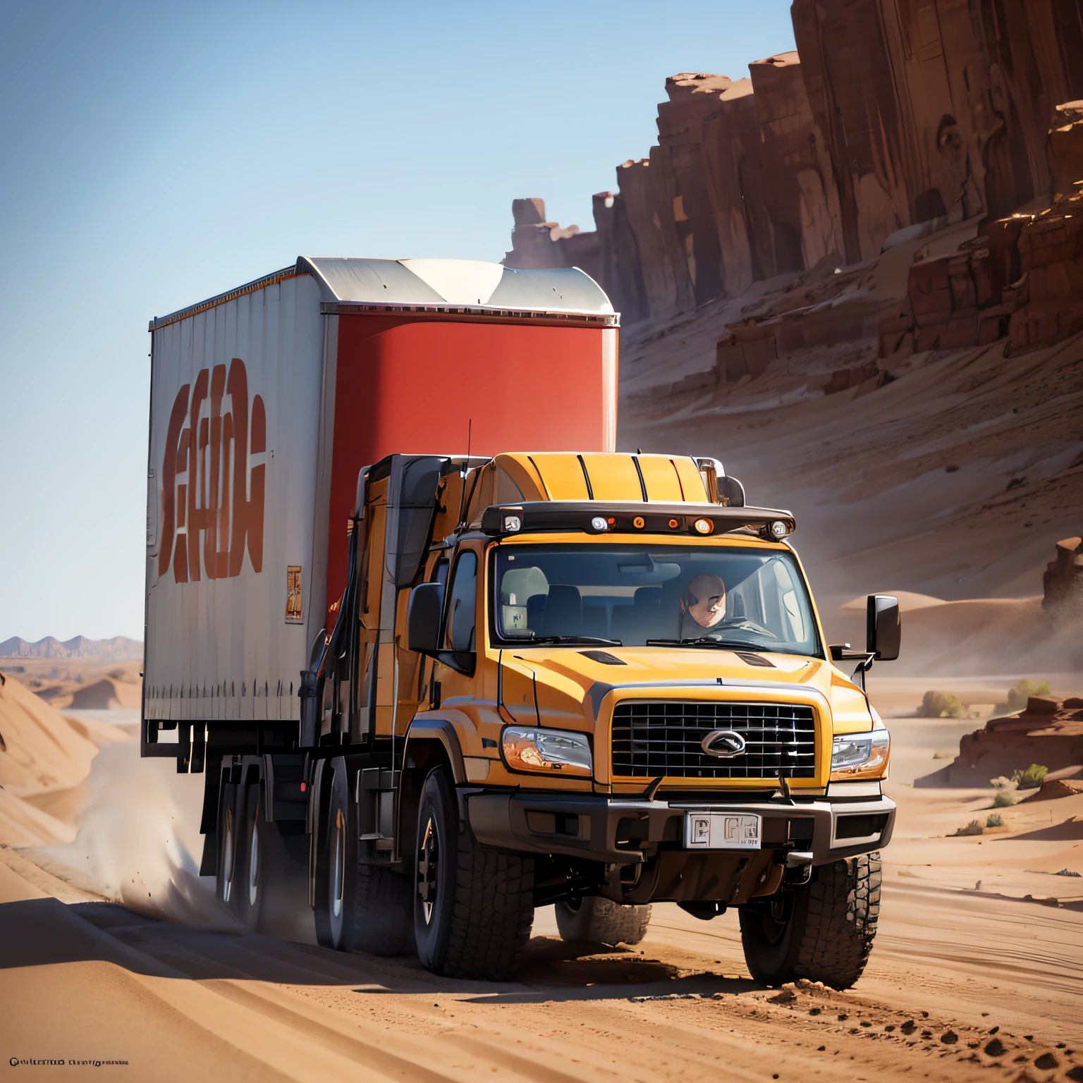 Real Photographics，Lots of detail，Big trucks drove across desert roads，Side shooting，hyper resolution, epic shot, HQ image, realistic, motion blur, --auto