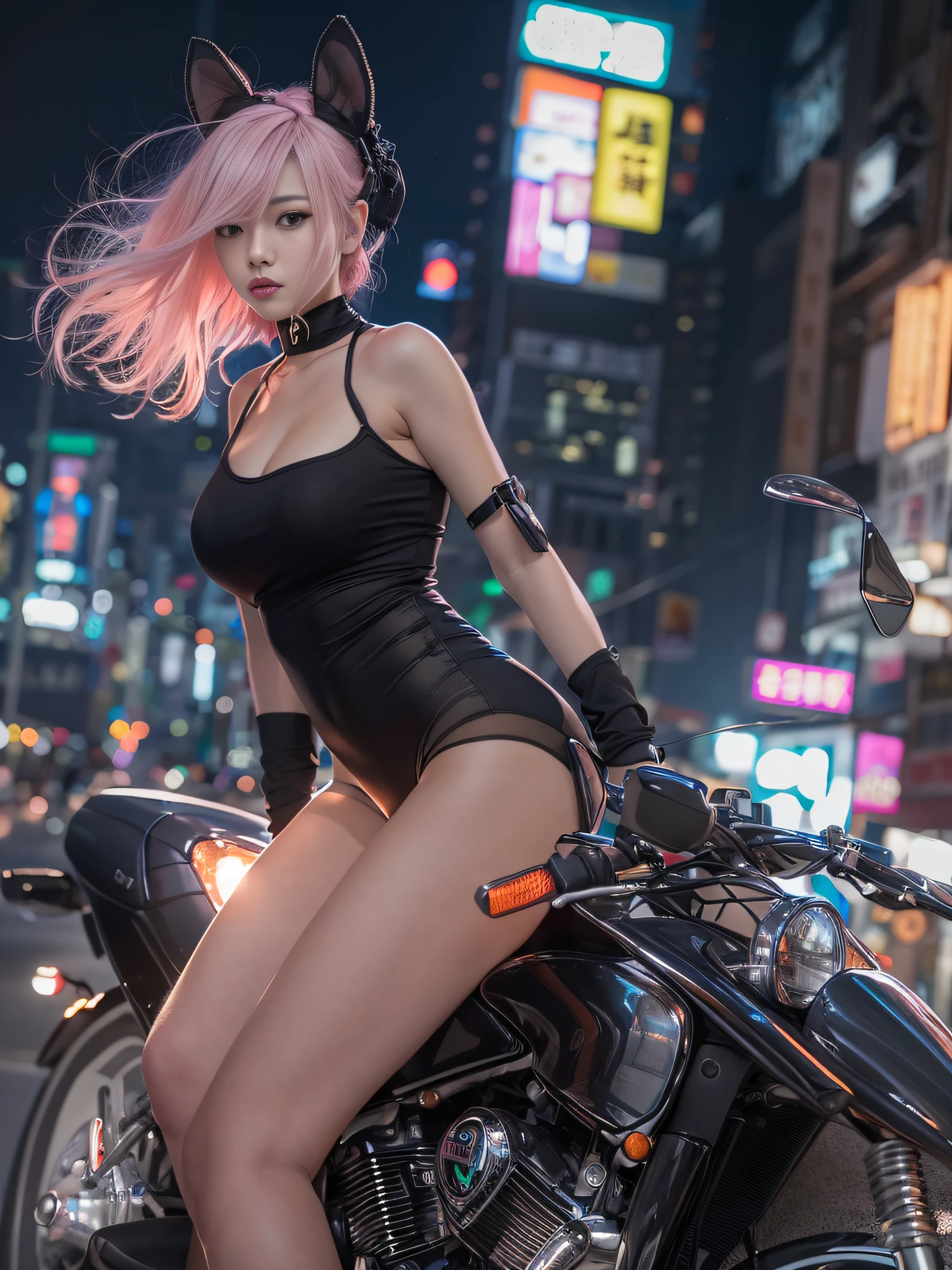 top-quality、超A high resolution、1人、Black tight skirt、Black choker、(huge-breasted:1.2)、high-heels, Riding a motorcycle, Pink short hair, Upper body black swimsuit, Photo, The background is the city at night,Live Action,japanes,独奏,beautiful countenance,Wearing black stockings,neons,