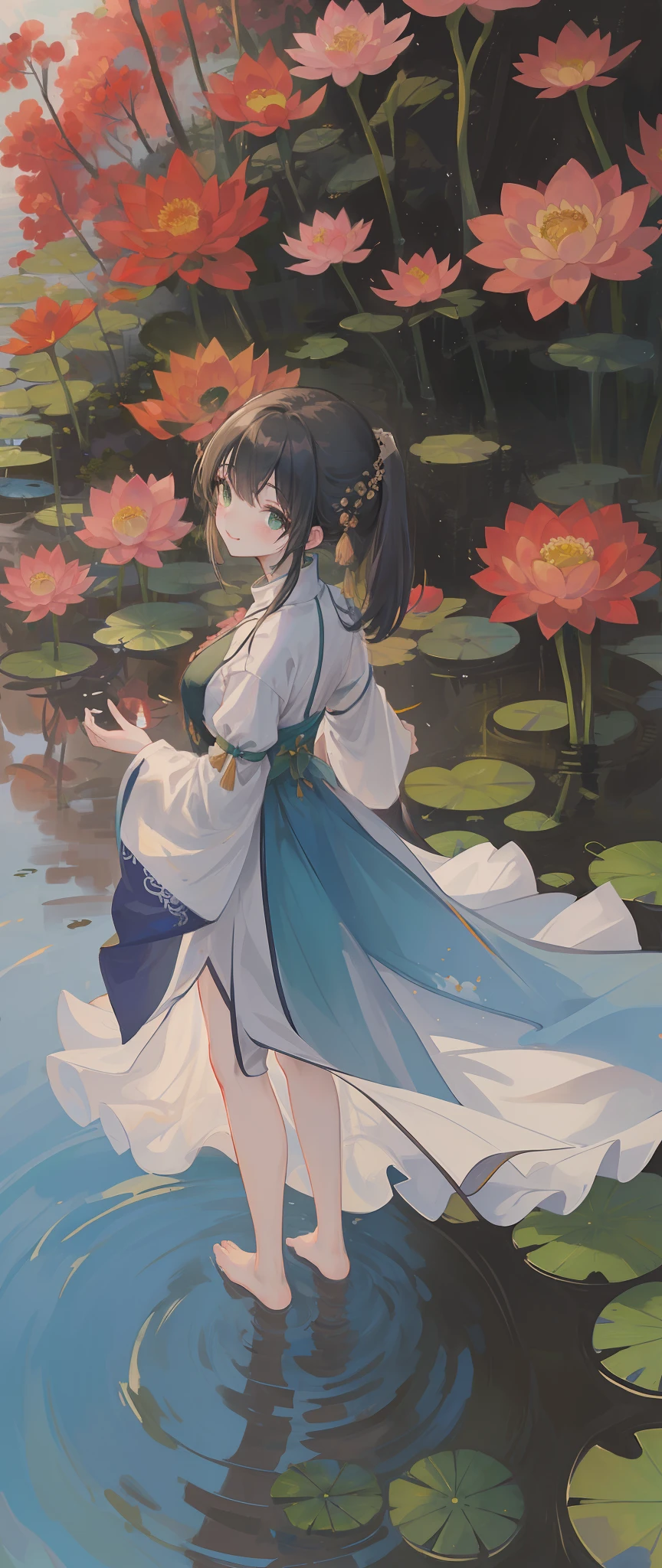 ((4K,Masterpiece,Best quality)), shuimobysim, Traditional Chinese painting, lotuses, maxikit, Dress conservatively 1girl, Solo, cabelos preto e longos, ssmile, standing on your feet, feet in water, The barefoot,Green eyes,Elaborate Eyes