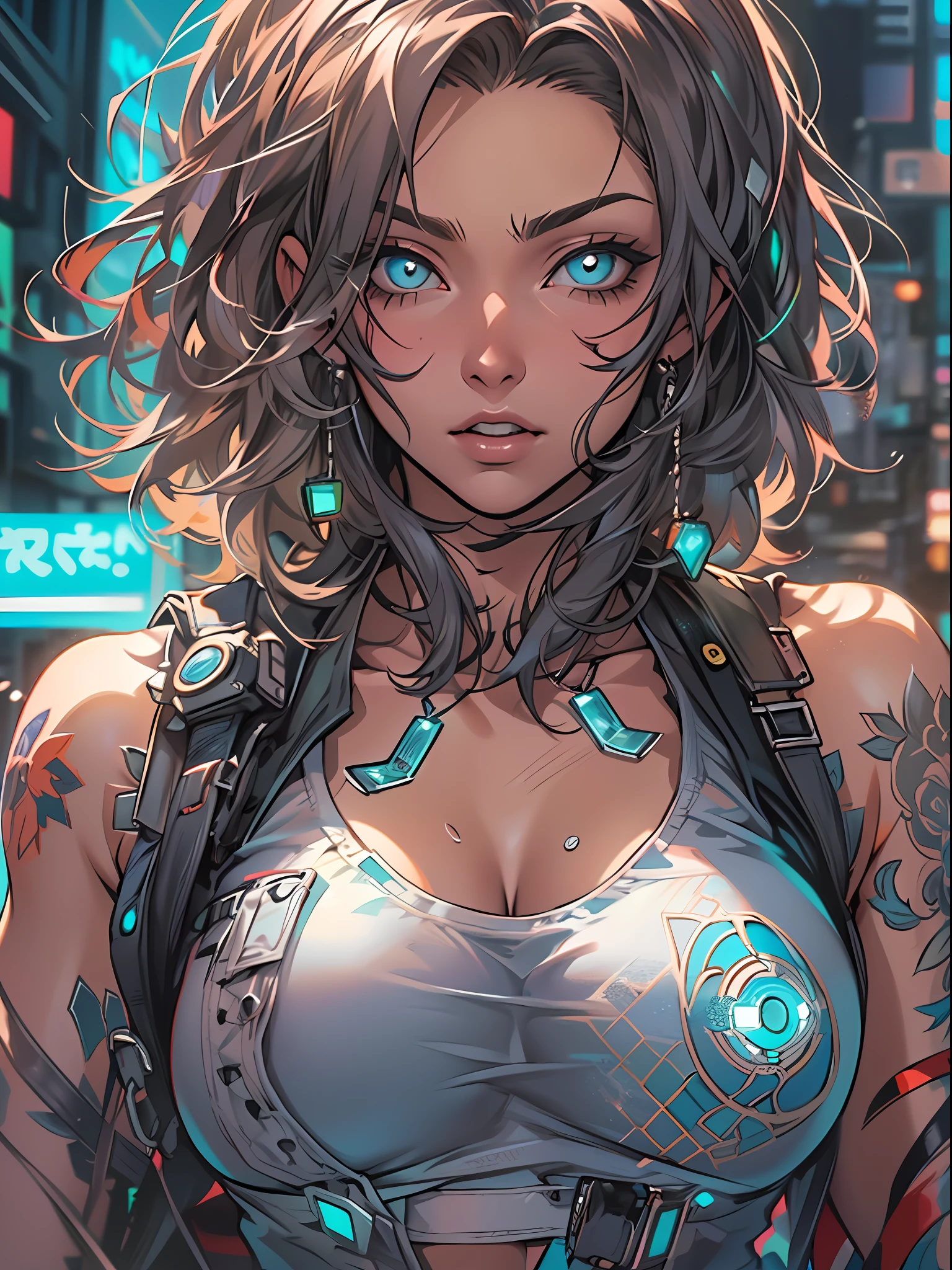 Mulher cyberpunk com pele escura e olhos azuis e cabelo castanho curto, vestindo uma blusa branca folgada e um short de banho 8k_wallpaper, olhos extremamente detalhados, corpo extremamente detalhado, dedo extremamente detalhado, (grande obra de arte digital), (Detailed manga illustration), (arte detalhada), ((perfeito)) anatomia, BETTER HANDS)), (detalhes intrincados:1.3), (ultra-detalhado:1.3), (illustration:1.3), (foco nítido:1.3), ( natural  lightting:1.05), (cores vivas:1.3), Modelo: Break Domain