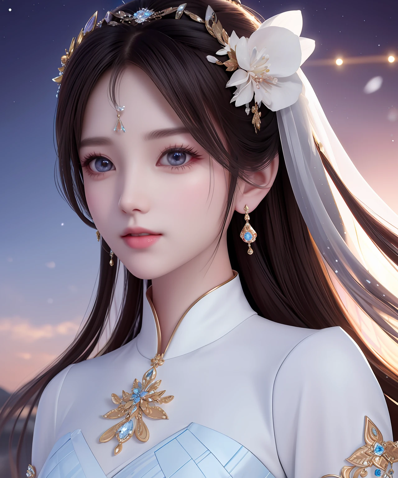 This beauty has a delicate face，The skin is as fair as snow，Like the purest porcelain in the world。Her eyes were as bright as the stars，Shimmering with a deep light，It seems to be able to see into people's hearts。Her eyebrows are slender、naturey，It's like a crescent moon，It adds a touch of elegance to the whole face。The bridge of her nose is straight，Perfectly outlines the three-dimensional contours of her face。Her lips are perfectly shaped，A laugh，The corners of the mouth are raised，White teeth are exposed，It's intoxicating。

Her hair is soft and shiny，Flutter in the wind，Exudes a captivating scent。She has a slim figure、Curved，It shows the elegance and power of women。She wore an elegant dress，The color combination is just right，Highlights her temperament and charm。

When she walks，Light steps，It's like a fairy under the ordinary。She demeanor gracefully，Be polite to people，People can't help but want to get close to her，Get to know her。This beauty has a unique temperament，As if she were an elegant princess，It's admirable、favor。