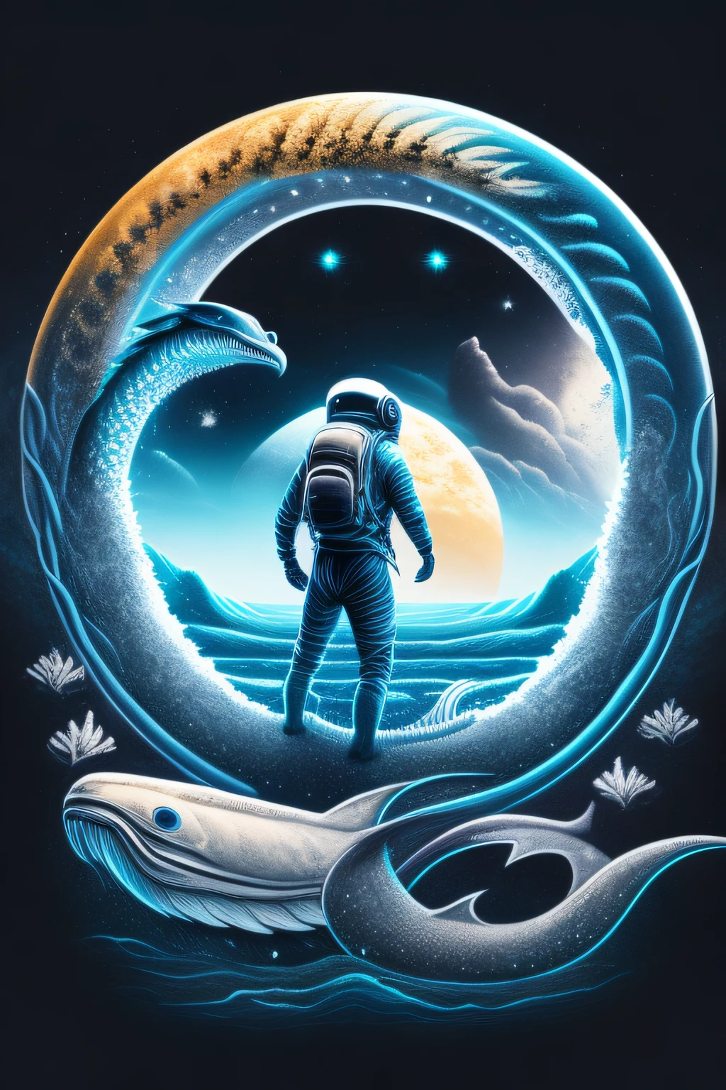 An astronaut and a sea serpent on a planet in outer space with stars, dinamic pose, (arte em Preto e branco), Correct your hands, design de camiseta, rzminjourney, (anatomia perfeita), arte vetorial.