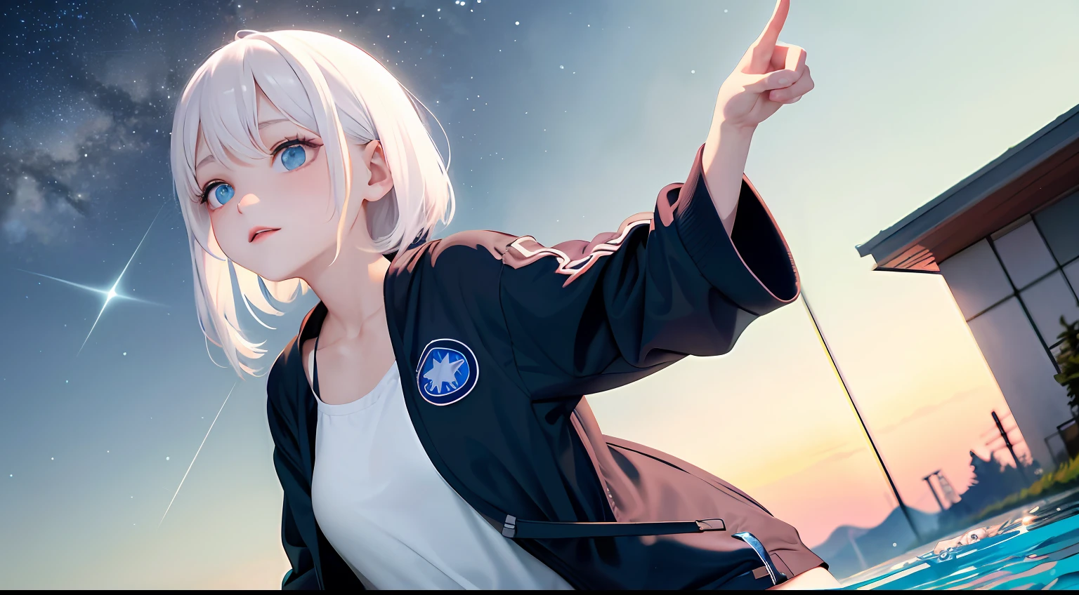 masterpiece、best、1girl in、white hair、Crisp eyes、swim wears、(((natta、starrysky)))、a park、
