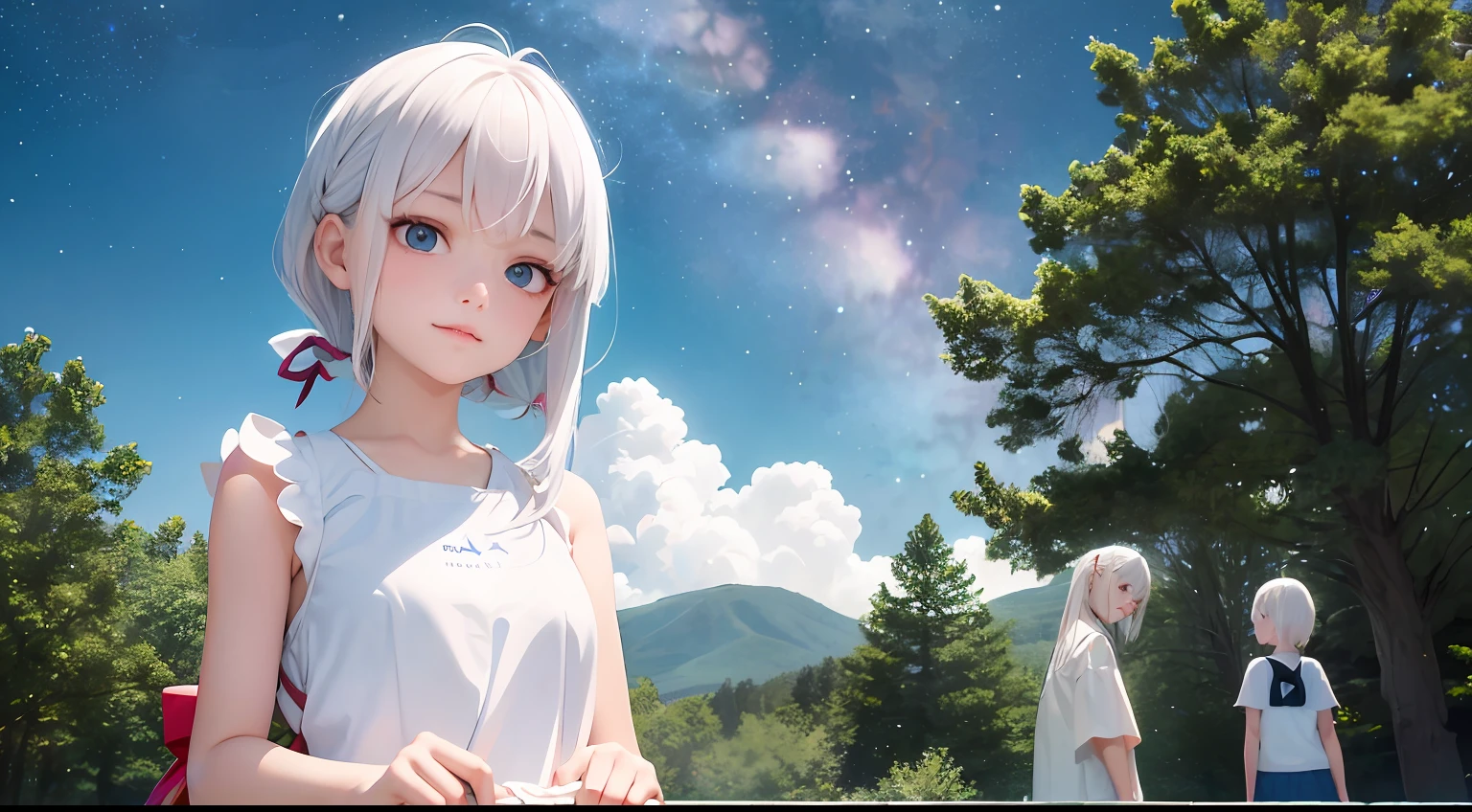 masterpiece、best、1girl in、white hair、Crisp eyes、swim wears、(((natta、starrysky)))、a park、