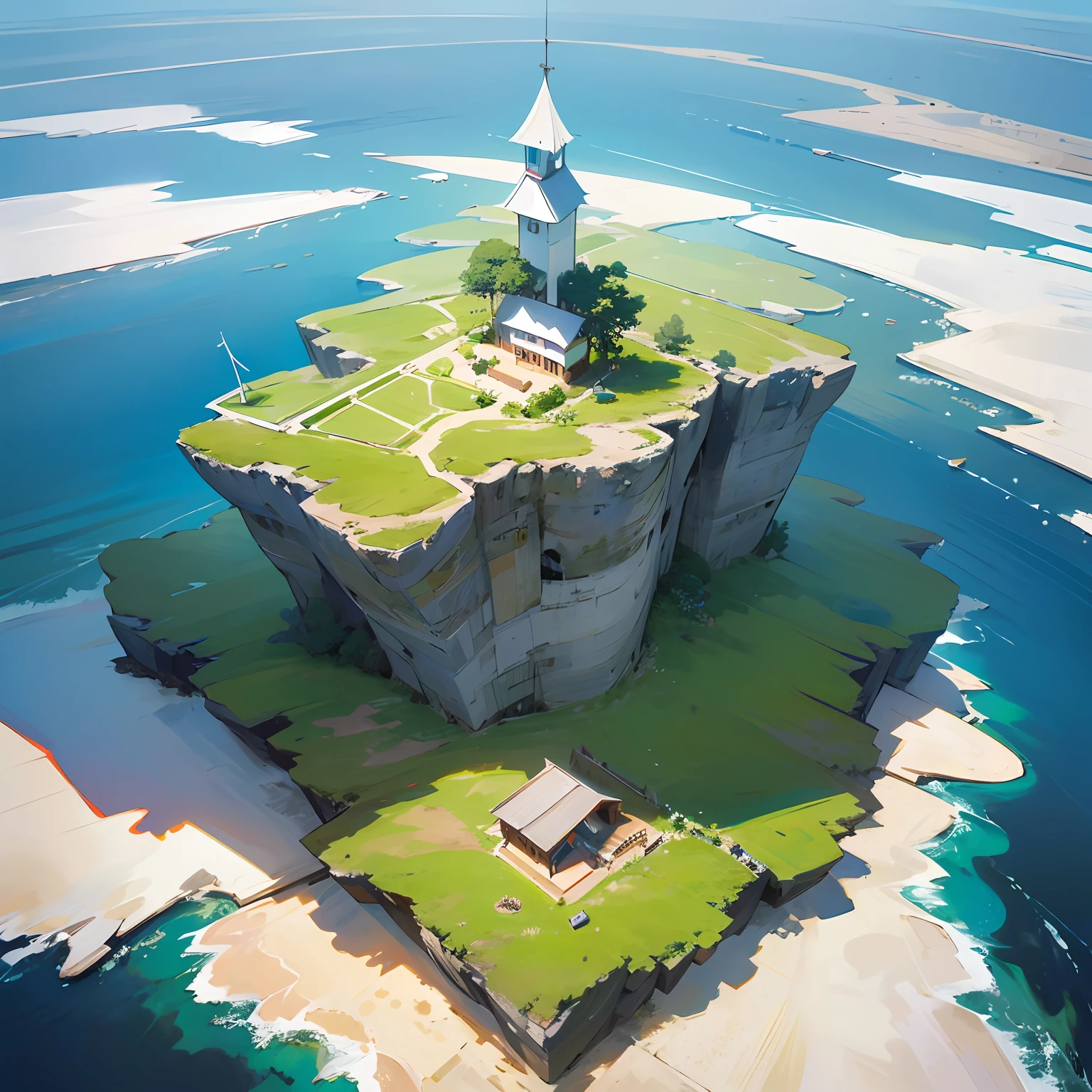 Aerial view of a boat in the ocean with a heart-shaped island, An epic HD painting of an island, From above, shot from above, top down shot, an island floating in the air, drone photography, Island, Very beautiful!! aerial shot, Beautiful environment, An island --auto