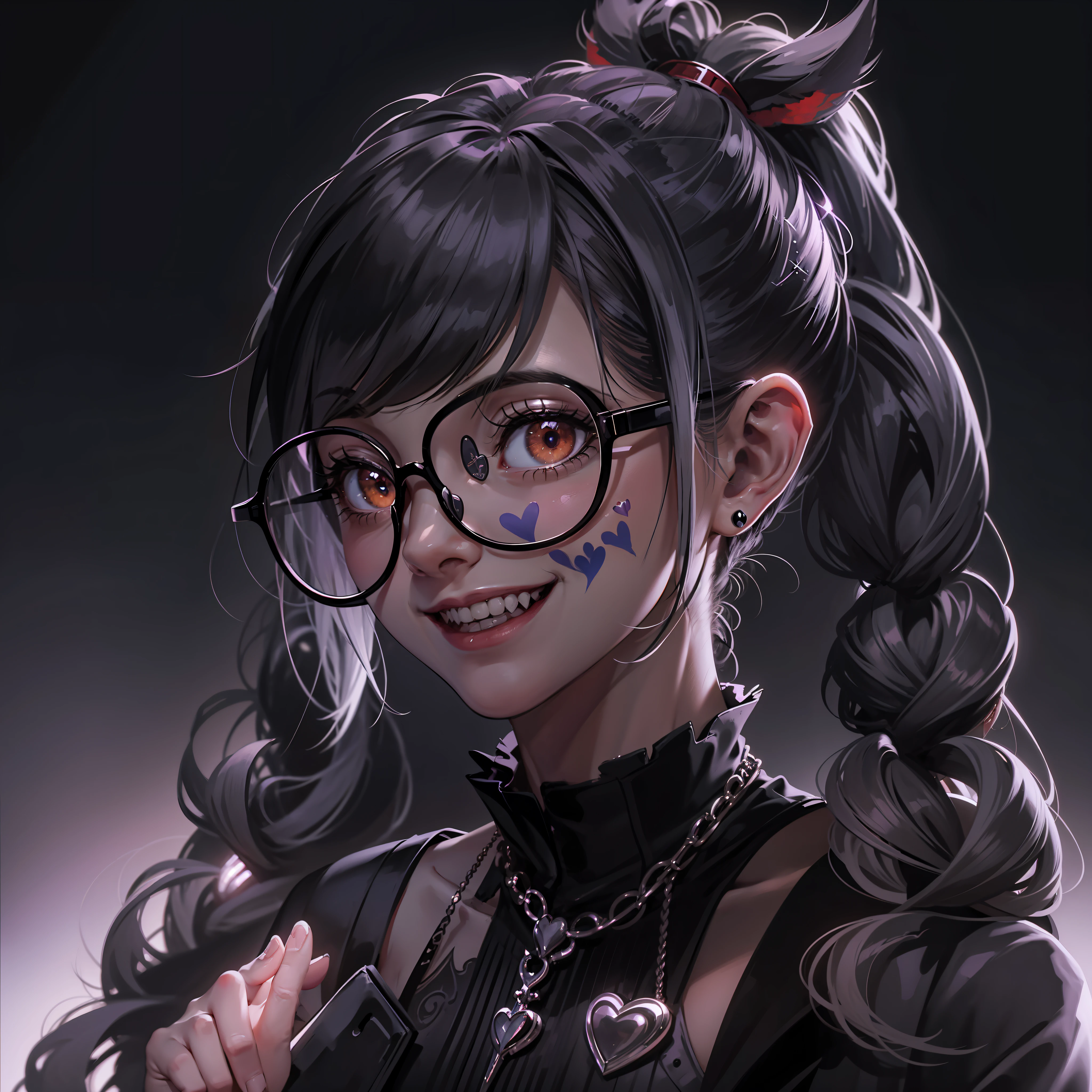 braided ponytail, facepaint, bespectacled, heart-shaped pupils, pointy ears, grin, evil smile, anime, Gothic art, cinematic lighting, chiaroscuro, Fujicolor, projected inset, perspective, UHD, masterpiece, ccurate, super detail, High details Whole body