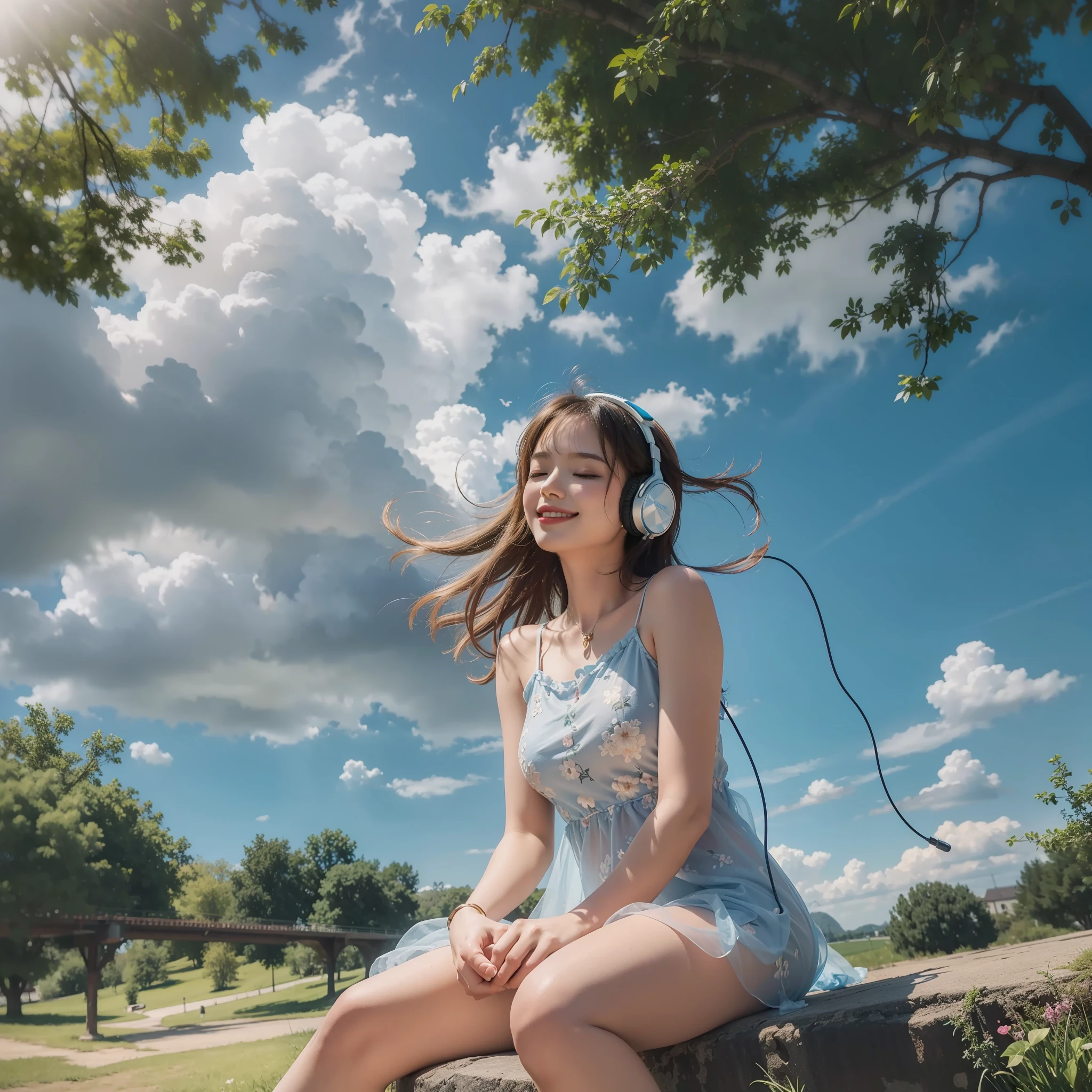 (Best quality), (Masterpiece), oil painting, (1girl), beautiful girl in sexy slip dress, sitting under the tree, blue sky, clouds, sunny, light smile, wearing headphone, listening the music, closing eyes