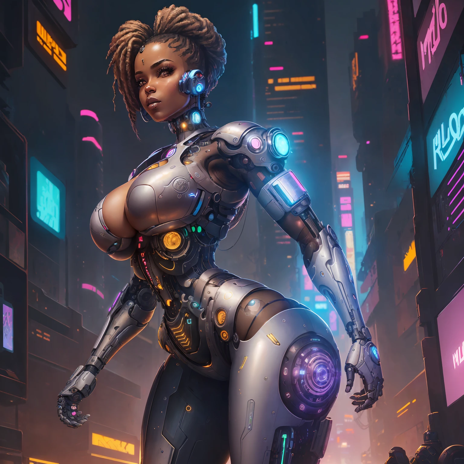 mulher ((meio cyborg)), obra prima, ((bunda grande)), ((peito grande)), mulher africana, rosto perfeito, corpo perfeito, 8k, imagem perfeita, ((realista)), futuristic setting ((cyberpunk)), mulher sexy, exciting positions, --auto
