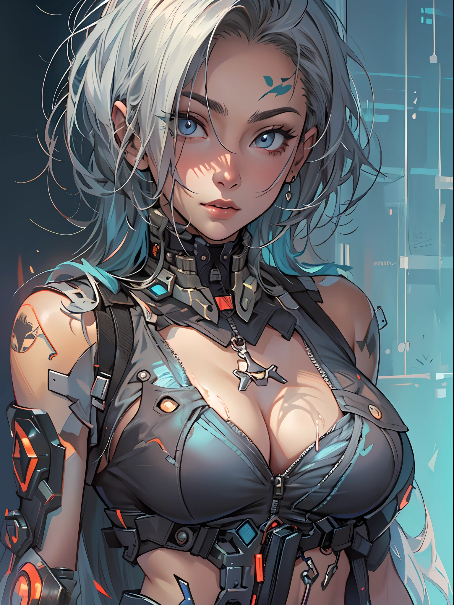 Mulher cyberpunk com pele escura e olhos azuis e cabelo castanho curto, vestindo uma blusa branca folgada e um short de banho 8k_wallpaper, olhos extremamente detalhados, corpo extremamente detalhado, dedo extremamente detalhado, (grande obra de arte digital), (Detailed manga illustration), (arte detalhada), ((perfeito)) anatomia, BETTER HANDS)), (detalhes intrincados:1.3), (ultra-detalhado:1.3), (illustration:1.3), (foco nítido:1.3), ( natural  lightting:1.05), (cores vivas:1.3), Modelo: Break Domain