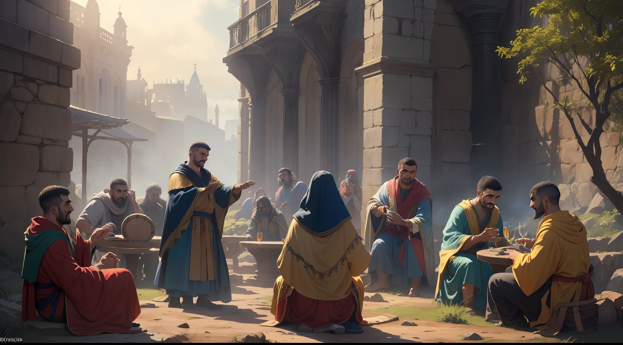 isaias usando capa, standingn, Far away is a round table with men drinking and laughing, robes and arms of cloak raised on a broken earth, castelo, muralhas, reinado, luz de lava brilhante de baixo do campo de asteroides (rochas irregulares, pedregulhos e detritos disparando para o ar:1.3) (tempestade de detritos de poeira ventosa:1.1) Volumetric mist mist ray tracing z pass bright light from below, (obra-prima) (melhor qualidade) (detalhado) (8k) (cinematic lighthing) (foco nítido) (intrincado)