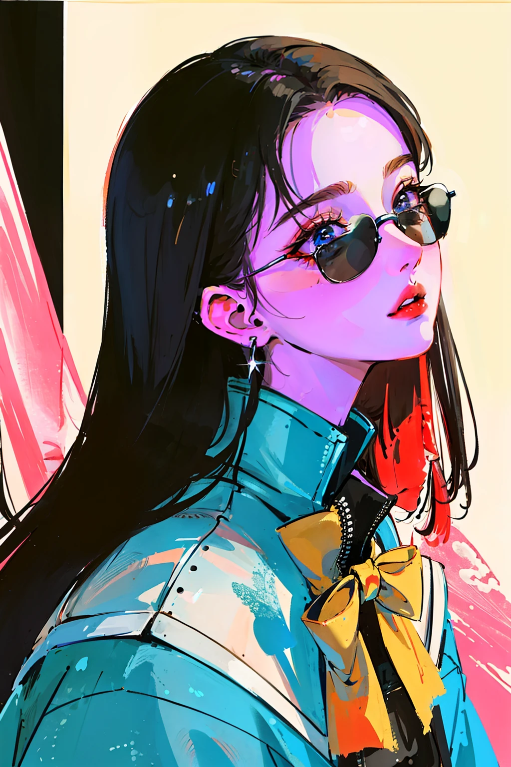 (Portraits:1.4), (masterpiece:1.2, best quality:1.2), from above, upper body, 1girl, Look up, face focus, extremely detailed face, extremely detailed eyes, good-looking, make up, finger on lips, sunglasses, fashion wear, earrings,