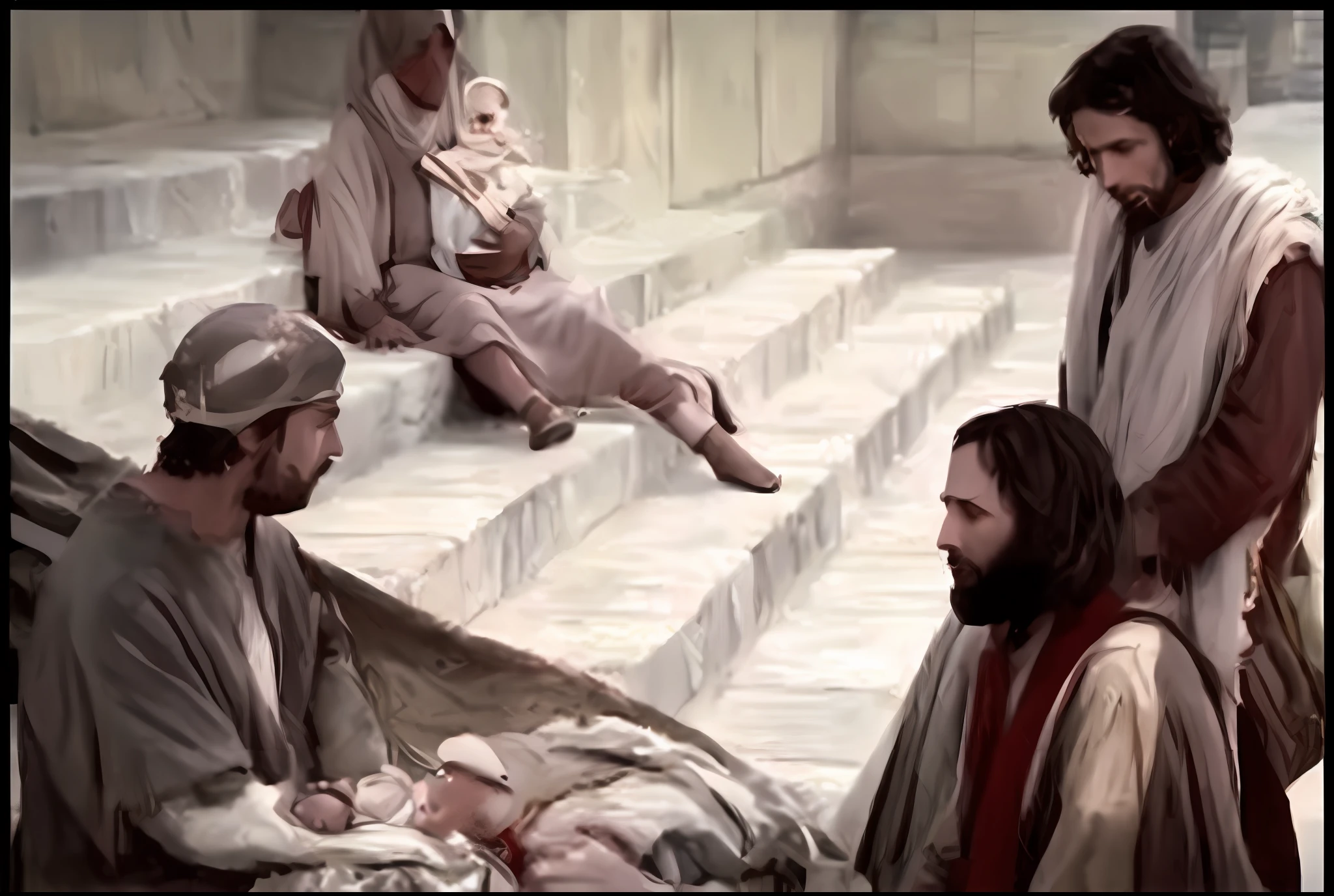 Jesus sitting on steps with other people and a baby, Nicodemos, Jesus, look what you have done, desconhecido, biblical image, implorando por esmolas, 000, 0 0 0, [ Coloridos, focus on his foot, Implorando, jesus of nazareth, manchado", bela cena, jesus wasted at a party, beautiful depiction, compassivo