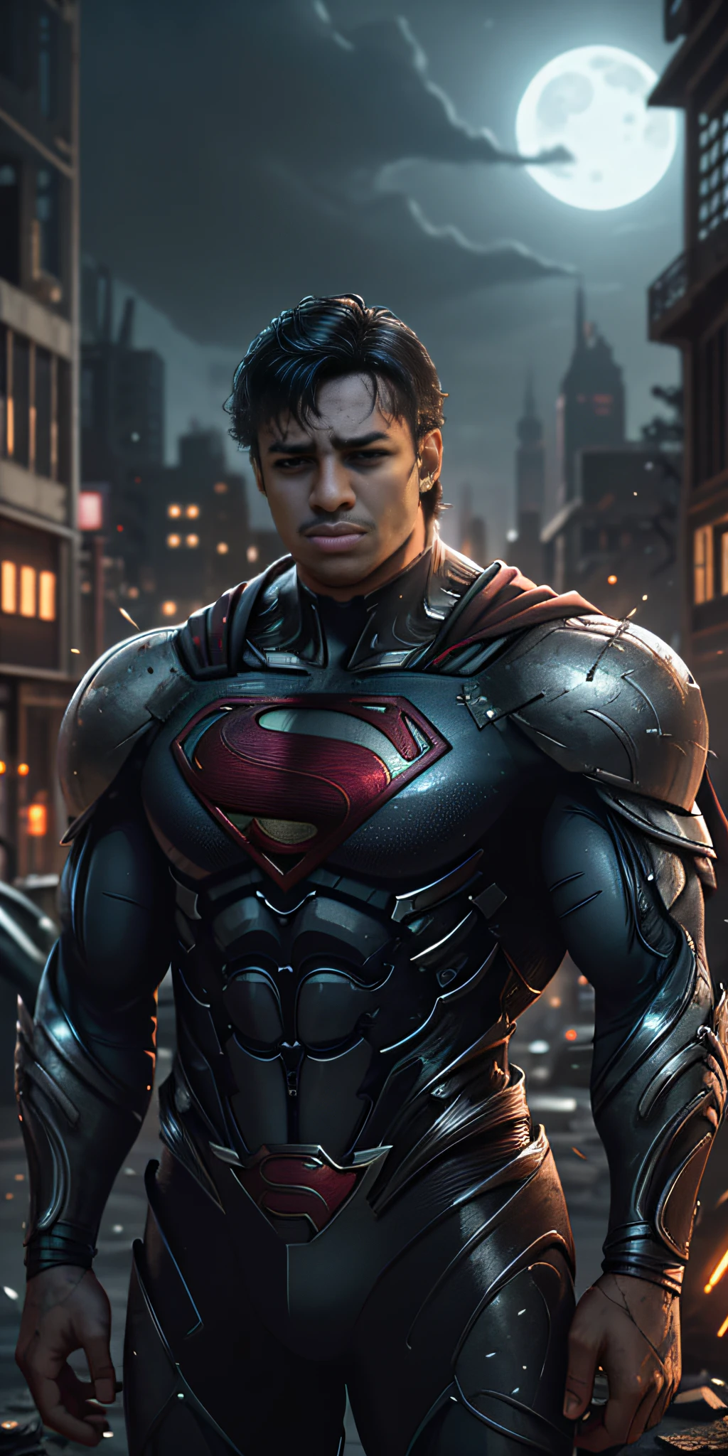 Superman from man of Steel stands imposing in a abandoned haunted lost city. Moonlight highlights your muscles and scars. The scenery is lush and mysterious, with dark city and surroundings. The camera details everything, a warrior woman, in front of him.