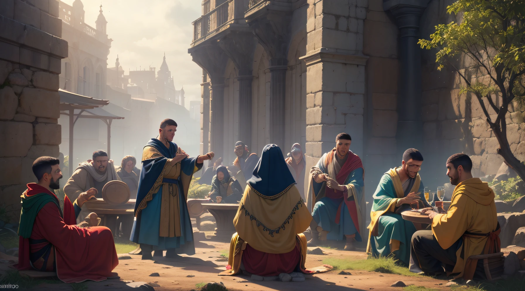 isaias usando capa, standingn, Far away is a round table with men drinking and laughing, robes and arms of cloak raised on a broken earth, castelo, muralhas, reinado, luz de lava brilhante de baixo do campo de asteroides (rochas irregulares, pedregulhos e detritos disparando para o ar:1.3) (tempestade de detritos de poeira ventosa:1.1) Volumetric mist mist ray tracing z pass bright light from below, (obra-prima) (melhor qualidade) (detalhado) (8k) (cinematic lighthing) (foco nítido) (intrincado)