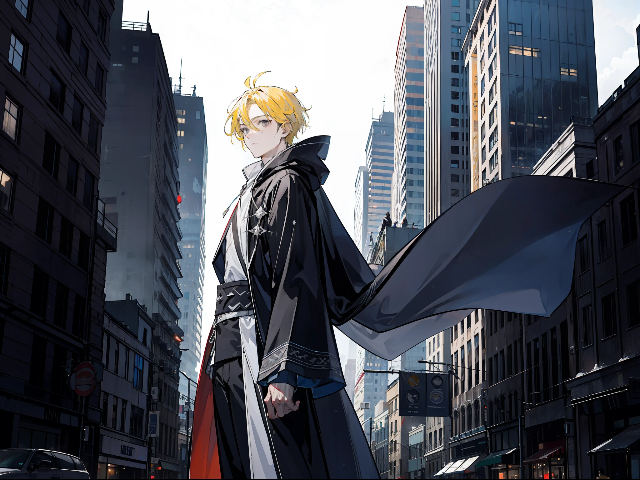 "Epic city atmosphere, stunning 4k artwork featuring a man with yellow hair. Deep black eyes. He was wearing white hero cloak with hood in the city"