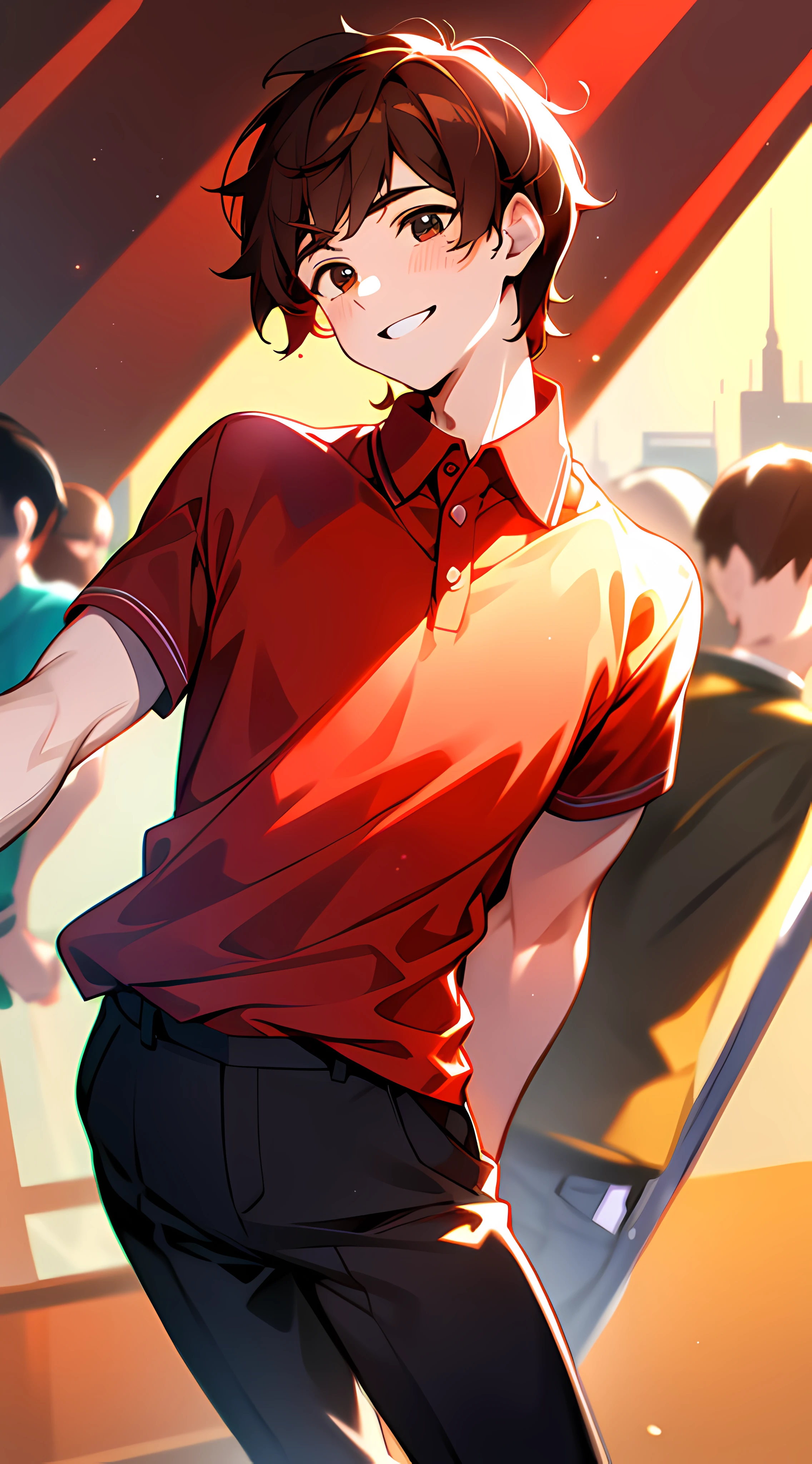 masuter piece, 独奏, red polo shirt, Young man with a refreshing smile, red polo shirt, Beautiful sunlight, Fine expression, dynamic ungle, Beautiful Youth, Background in the city, Stand up straight,animesque,Brown hair, Red-haired