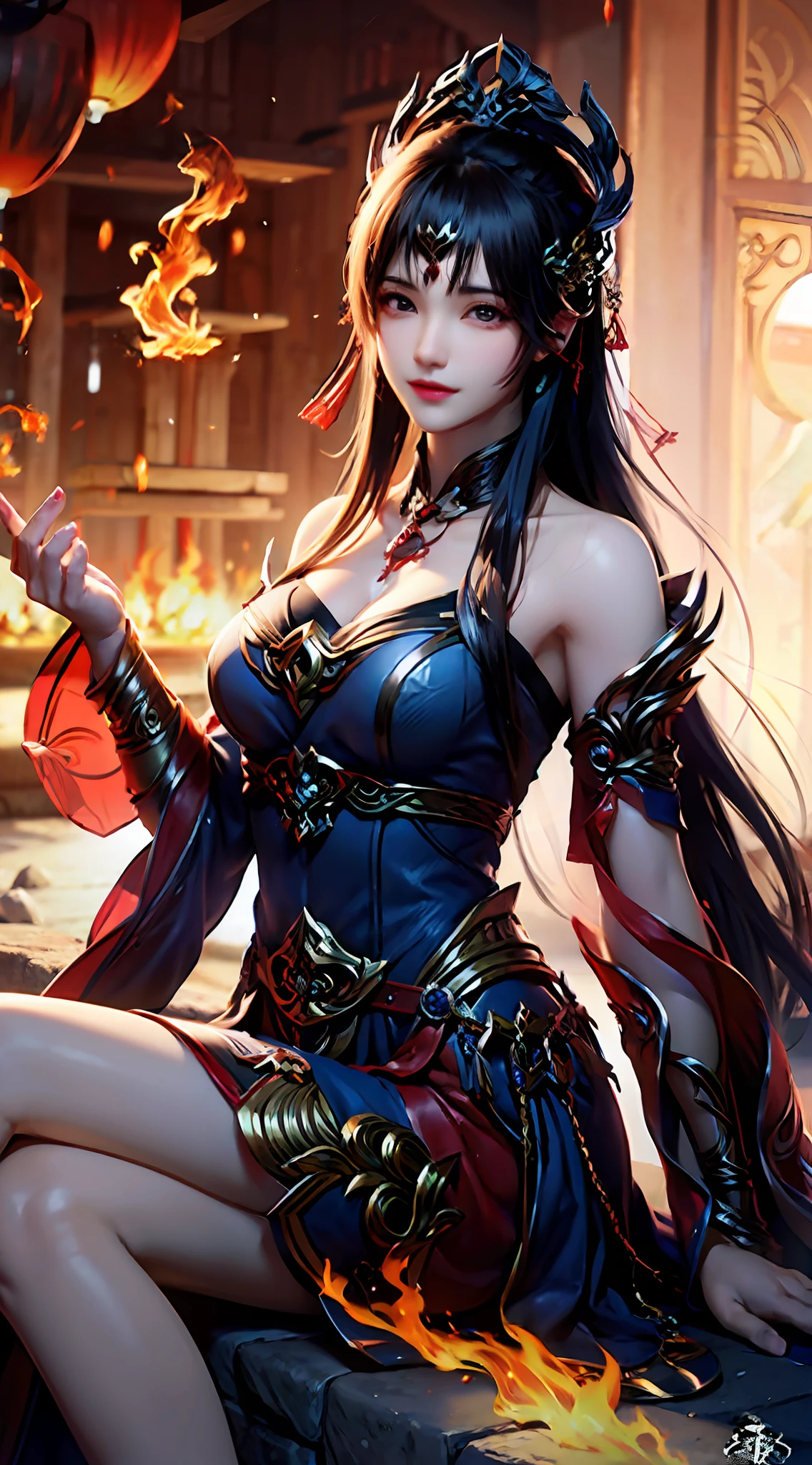 8K,复杂,ellegance,highly detailed,A majestic,Digital photography,surrealism painting,Broken rubies,Entwined fire magic,(tmasterpiece,Sideslit,Fine beautiful eyes:1.2),Energy storm,(ChineseGirl,Black eyes:1.5),Glow, fair skin,(sitting on the stone:1.5),delicated face,Black color hair,red armor,cropped shoulders,nabel,Exquisite red armor,Rained,big breasts beautiful,looking at viewert,tmasterpiece,The upper part of the body,
