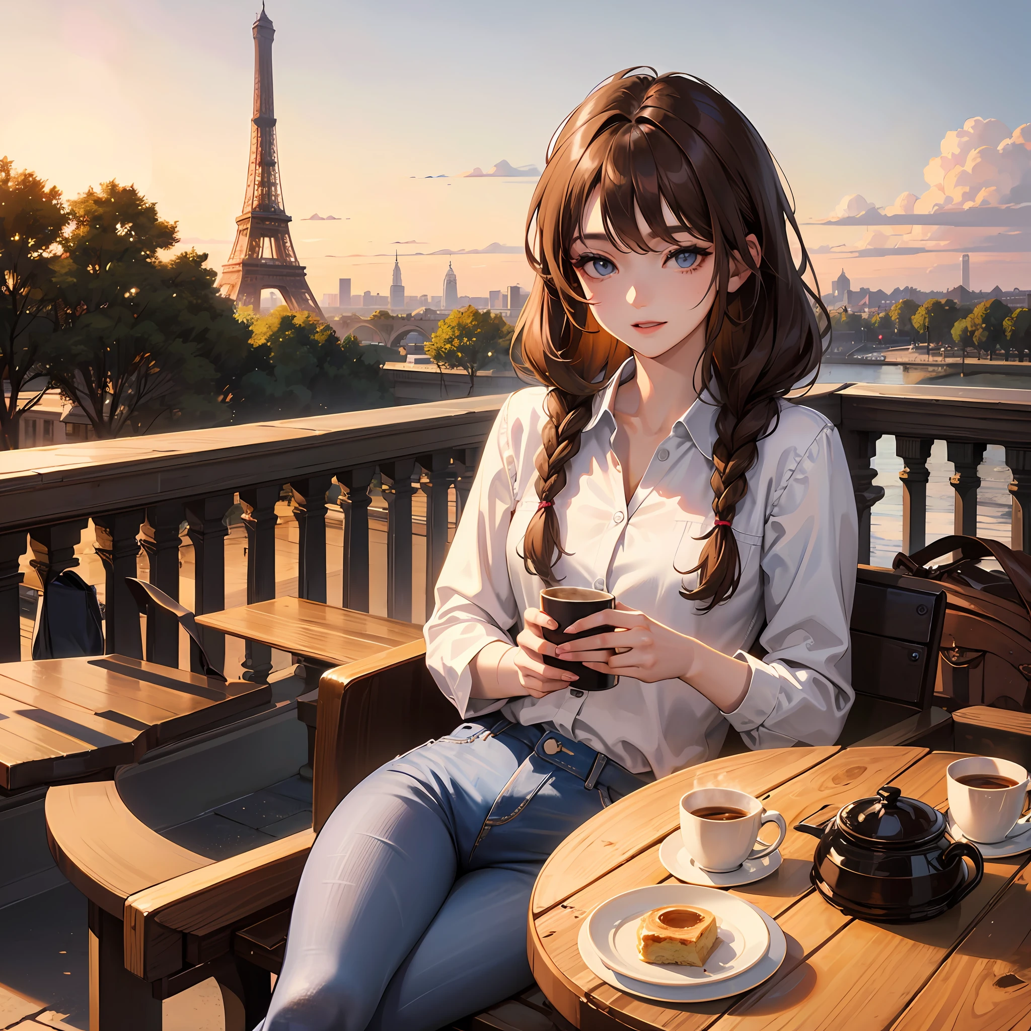 A girl in braid and light brown hair White and white blouse blue eyes and jeans in front of the Eiffel Tower having coffee with croaça at sunset very happy with a bag on the table she is also reading a book --auto