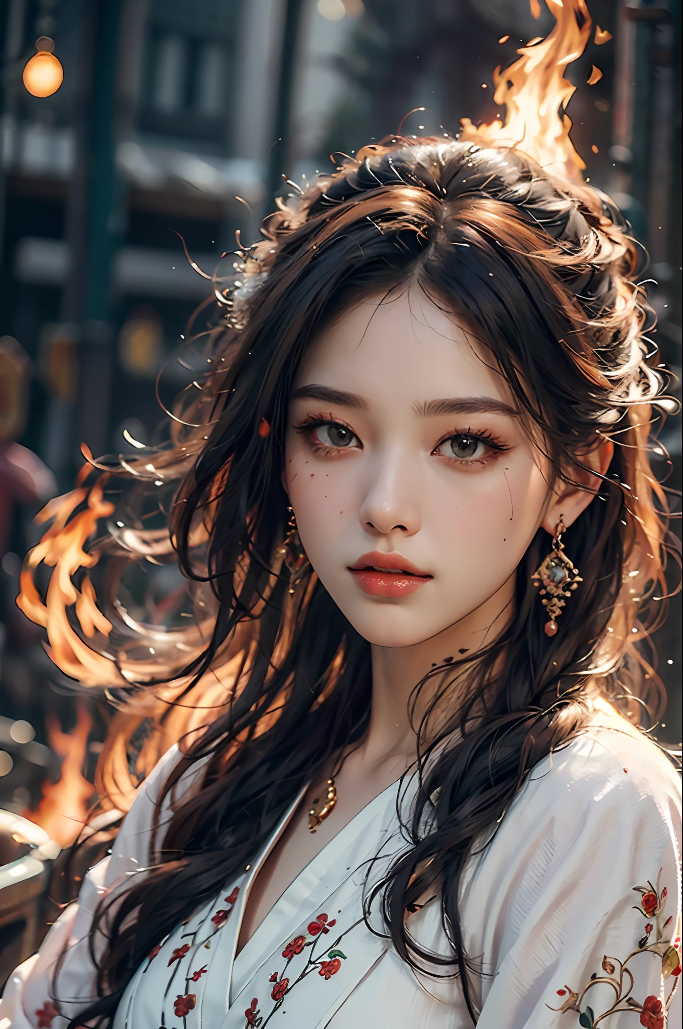 Best quality,masterpiece,ultra high res,(photorealistic:1.4)1girl,beautiful_face,detailed skin,full body,yuhuoshu,jewelry,solo,earrings,(fire:1.3),blurry,realistic,lips,