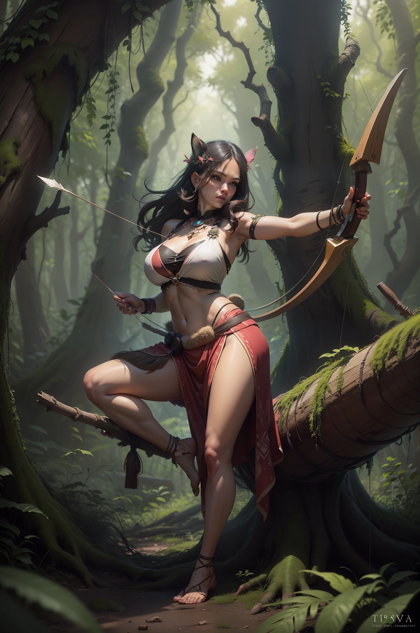(digitial painting),(best qualtiy),Close-up of a beautiful woman who specializes in injecting arrows,Drawing a bow and shooting arrows,Primitive tribesmen,Wear a hula skirt,Deerskin chest,Barefoot,In tropical primeval forests,Green moss,grape trees,Huge trees,Cover the sky,Fallen trees,8K hyper-realism,Strong color scheme,gentle illumination, prime time, Enigmatic Atmosphere,
