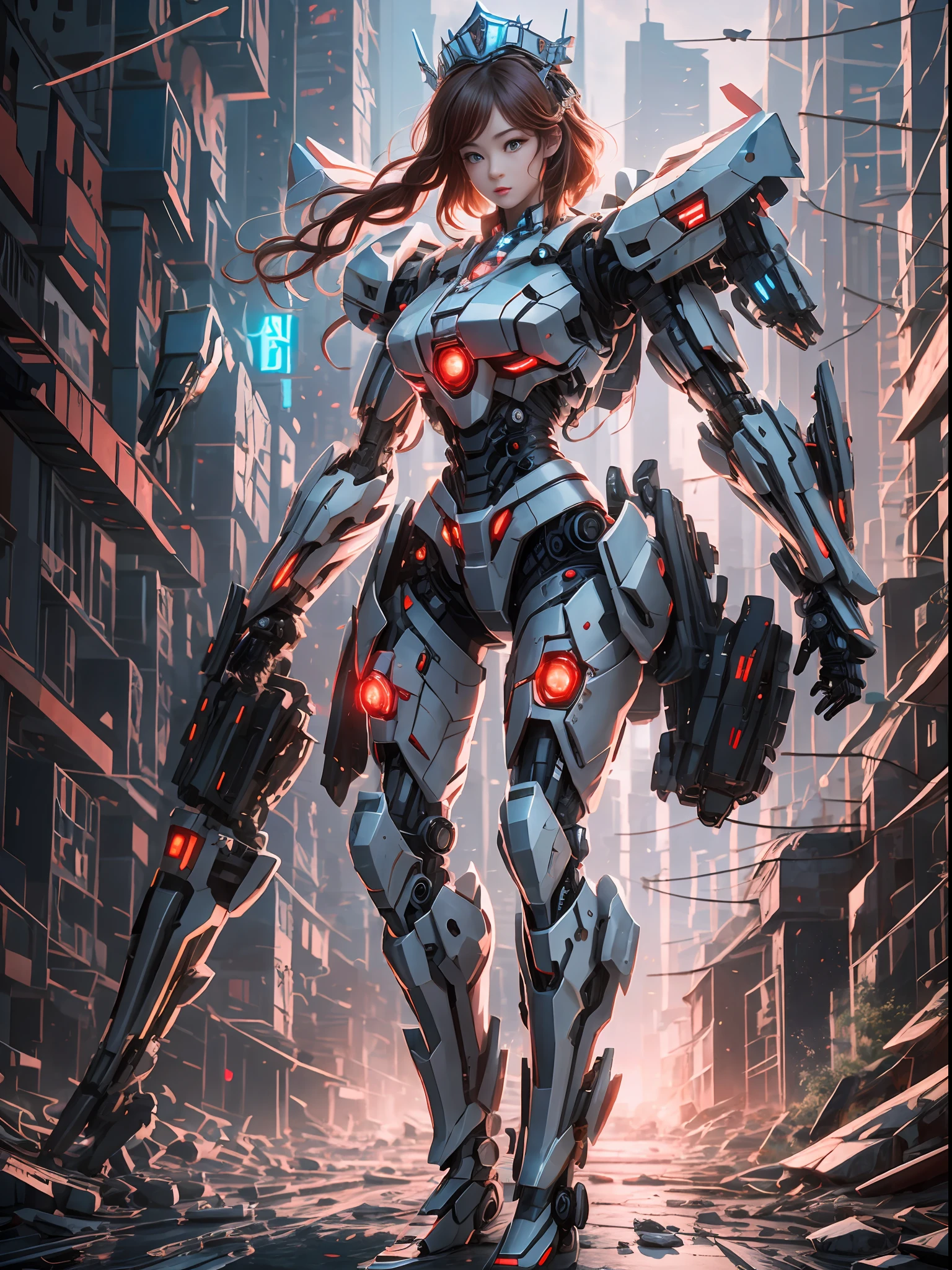 ((Best Quality)), ((Masterpiece)), (Very Detailed: 1.3), 3D, Icaru valkirie-mecha, Beautiful cyberpunk woman wearing crown with her red and blue mecha in ruins of a forgotten war city, long red hair, sci-fi technology, HDR (High Dynamic Range), ray tracing, nvidia RTX, super resolution, unreal 5, subsurface scattering, PBR texture, post-processing, anisotropic filtering, depth of field, maximum sharpness and sharpness, multi-layer texture, specular and albedo mapping, surface shading, accurate simulation of light-material interactions, perfect proportions, octane rendering, duotone lighting, low ISO, white balance, rule of thirds, wide aperture, 8K RAW, high efficiency subpixels, subpixel convolution, light particles, light scattering, Tyndall effect, very sexy, full body, battle pose, black hair with braids,