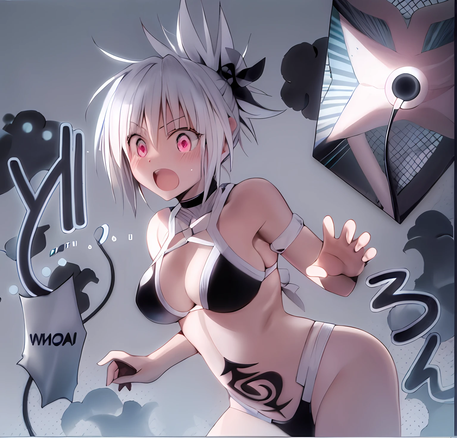 anime girl in a bikini top, black bikini, white hair, pink eyes, estilo de arte anime (colorido)