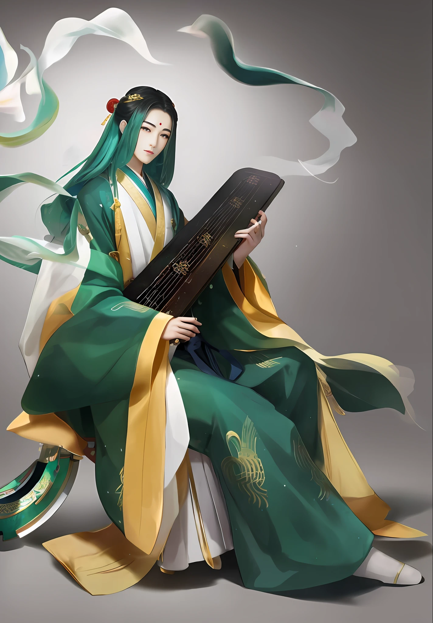 Handsome Chinese ager,年轻,The god of music,Hanfu,There is a small red auspicious symbol on the forehead,ssmile,highly accurate,Delicate facial features,