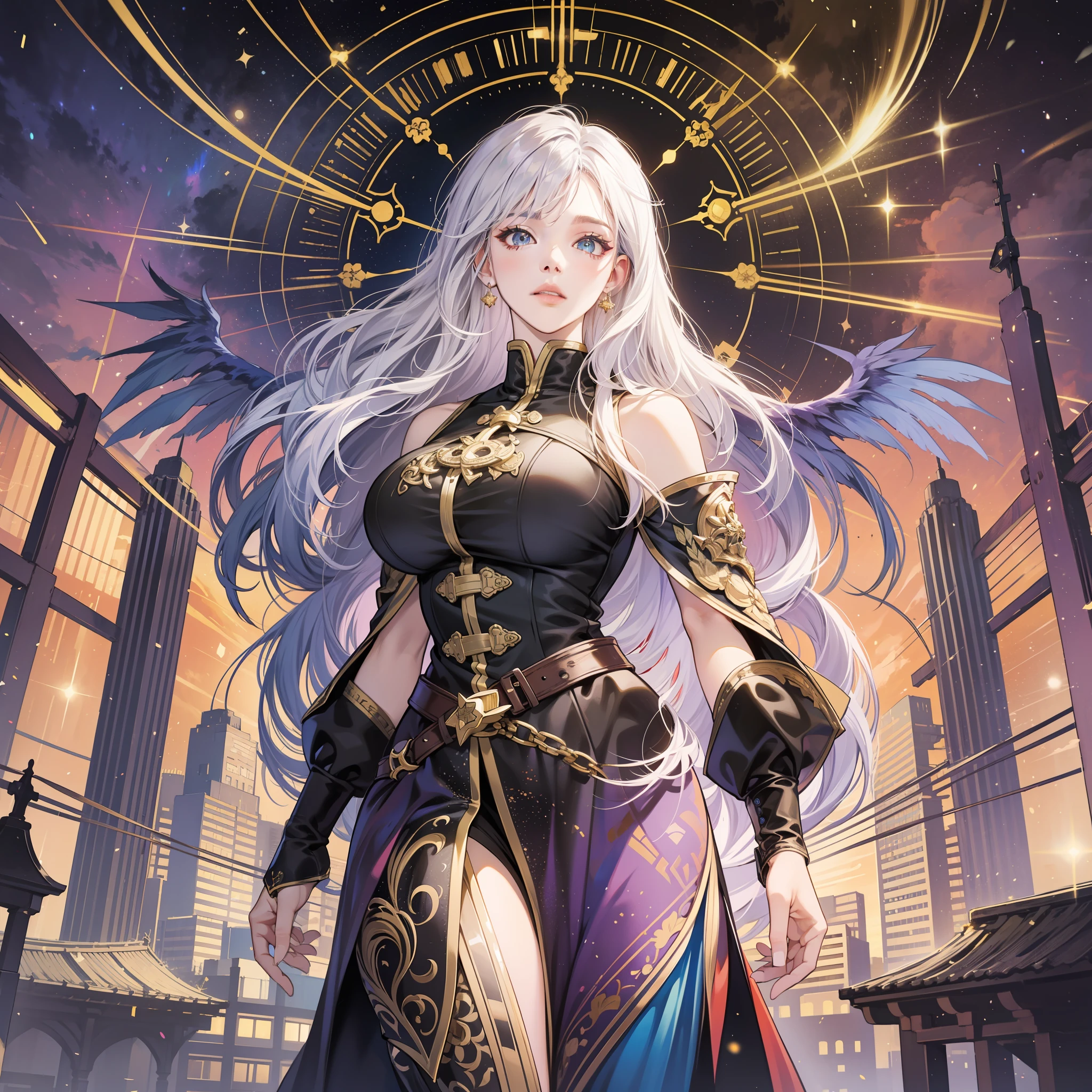 from below, high resolution, highest quality, super high quality, super detail, ultra realistic, photorealistic, anime, manga, illustration, Northern Renaissance style, fantasy, super beautiful goddess, silver long tired hair, sparkling big gold eyes, mysterious, enchanting, tattoos, huge breasts, under boob, great proportion, perfect proportion, slender, full body, big wings, background galaxy, magic circle, kaleidoscope, rainbow and gold neon light many lines, cyber punk, church, cityscape