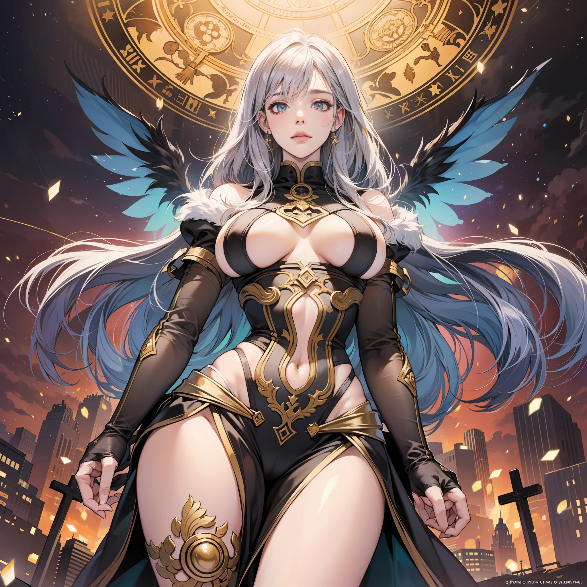from below, high resolution, highest quality, super high quality, super detail, ultra realistic, photorealistic, anime, manga, illustration, Northern Renaissance style, fantasy, super beautiful goddess, silver long tired hair, sparkling big gold eyes, mysterious, enchanting, tattoos, huge breasts, under boob, great proportion, perfect proportion, slender, full body, big wings, background galaxy, magic circle, kaleidoscope, rainbow and gold neon light many lines, cyber punk, church, cityscape