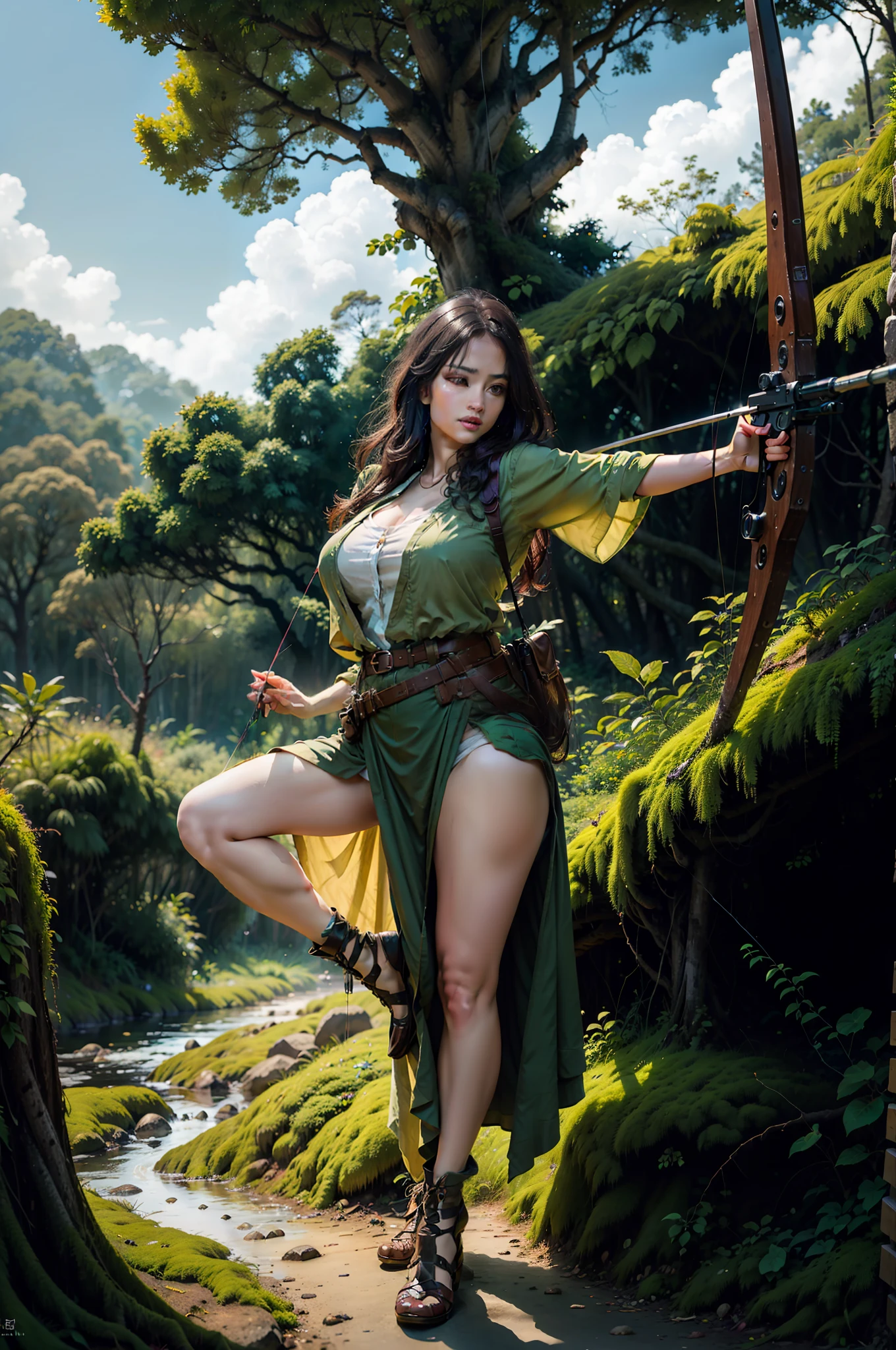 （digitial painting），（best qualtiy），A beautiful woman who is hunting and shooting arrows，Tropical primeval forest，Green moss，vine，Huge trees，Cover the sky，8K hyper-realism，Strong color scheme，gentle illumination, prime time, Enigmatic Atmosphere,