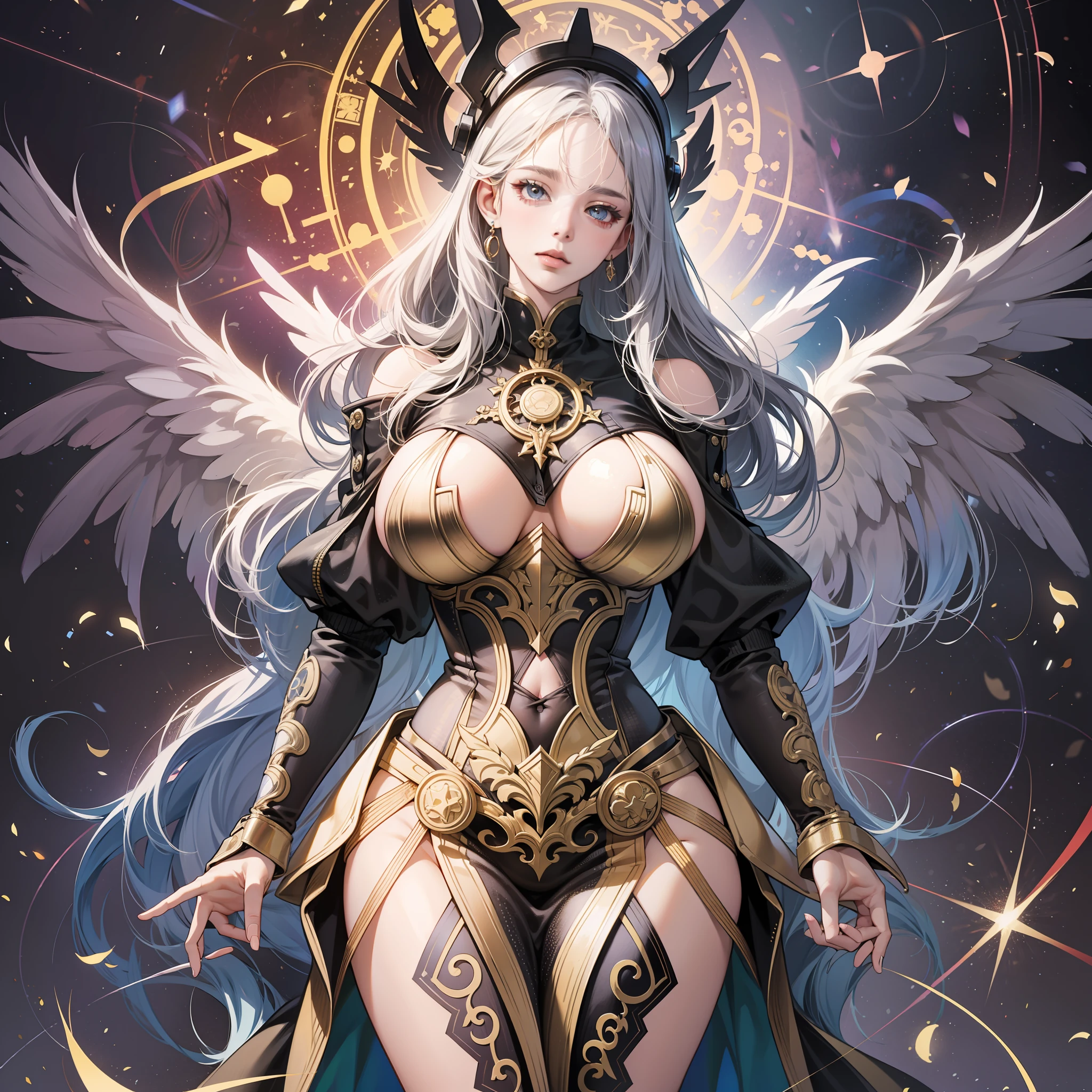 from below, high resolution, highest quality, super high quality, super detail, ultra realistic, photorealistic, anime, manga, illustration, Northern Renaissance style, fantasy, super beautiful goddess, silver long tired hair, sparkling big gold eyes, mysterious, enchanting, tattoos, huge breasts, under boob, great proportion, perfect proportion, slender, full body, big wings, background galaxy, magic circle, kaleidoscope, rainbow and gold neon light many lines, cyber punk, church, cityscape