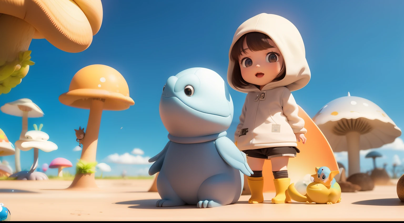 Cute  dinosaur，cute female child， characters stand in front of a group of mushrooms, Cute detailed digital art, Cute 3d render, adorable digital art, lovely digital painting, fantasy matte painting，cute detailed artwork, style of anime4 K, cute artwork, 8 K cartoon illustration, 2. 5 D CGI anime fantasy artwork, lovely art style, 3D rendering character art 8K