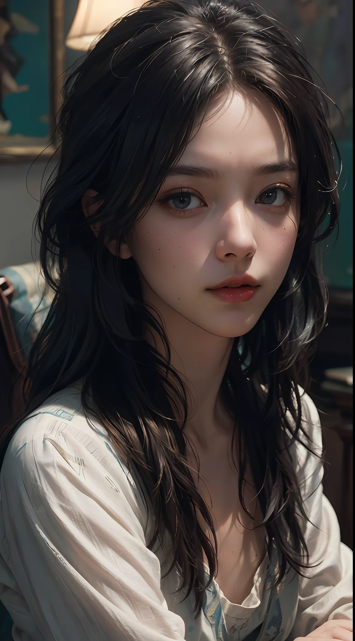 (RAW photo, best quality), (realistic, photo-realistic:1.3),best quality,highly detailed,masterpiece,ultra-detailed,illustration,1girl,upper_body,dynamic angle,world masterpiece theater,messy_long_hair,best quality,extremely detailed CG unity 8k wallpaper,ink,Amazing,cinematic lighting,lens_flare, dunhuang_style