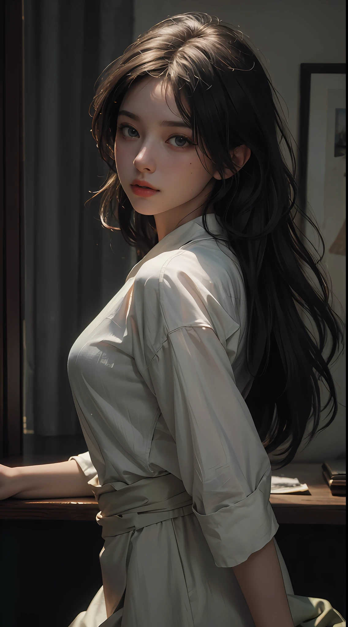 (RAW photo, best quality), (realistic, photo-realistic:1.3),best quality,highly detailed,masterpiece,ultra-detailed,illustration,1girl,upper_body,dynamic angle,world masterpiece theater,messy_long_hair,best quality,extremely detailed CG unity 8k wallpaper,ink,Amazing,cinematic lighting,lens_flare, dunhuang_style