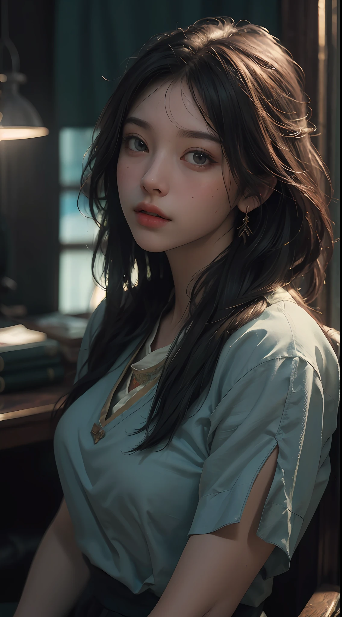 (RAW photo, best quality), (realistic, photo-realistic:1.3),best quality,highly detailed,masterpiece,ultra-detailed,illustration,1girl,upper_body,dynamic angle,world masterpiece theater,messy_long_hair,best quality,extremely detailed CG unity 8k wallpaper,ink,Amazing,cinematic lighting,lens_flare, dunhuang_style