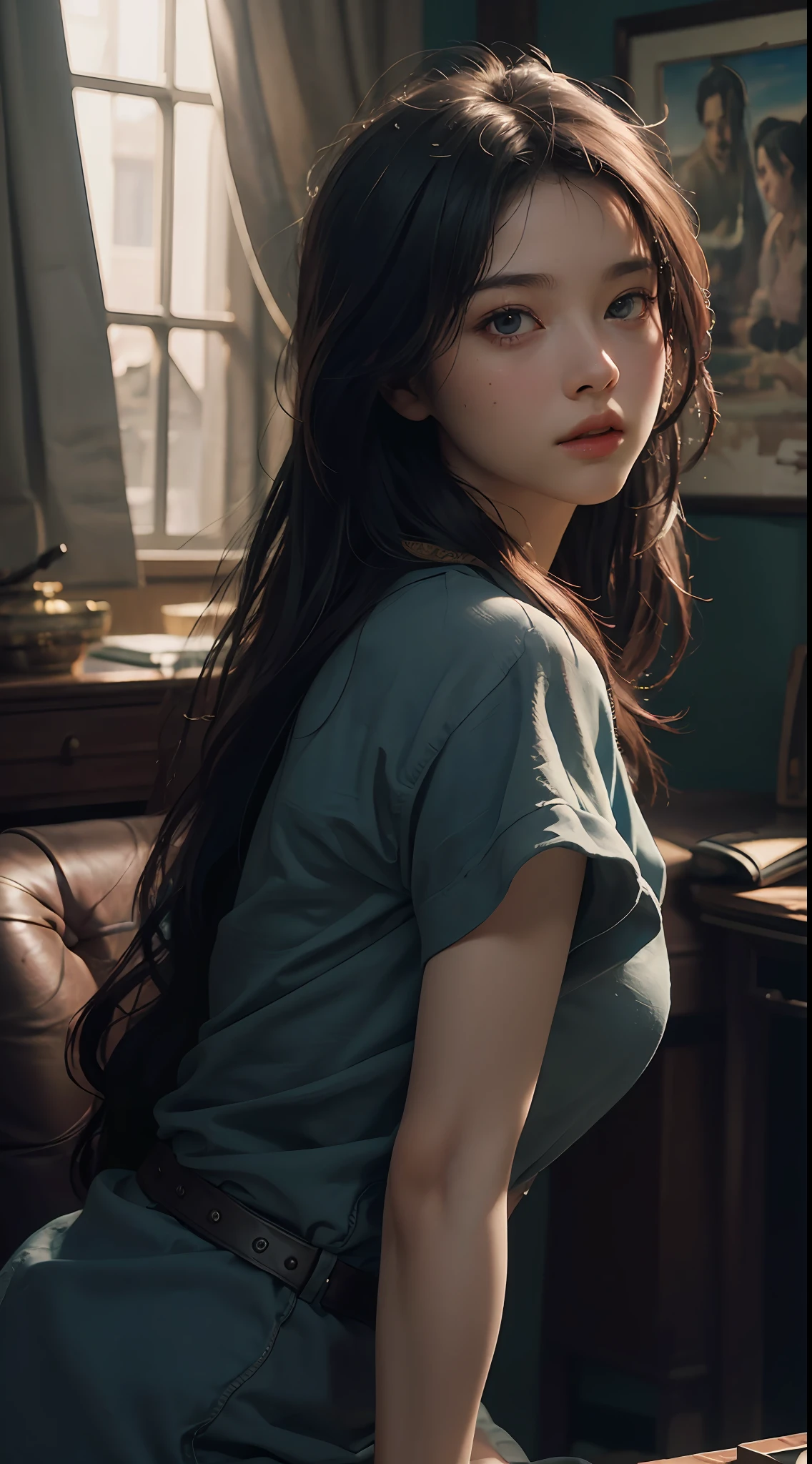 (RAW photo, best quality), (realistic, photo-realistic:1.3),best quality,highly detailed,masterpiece,ultra-detailed,illustration,1girl,upper_body,dynamic angle,world masterpiece theater,messy_long_hair,best quality,extremely detailed CG unity 8k wallpaper,ink,Amazing,cinematic lighting,lens_flare, dunhuang_style