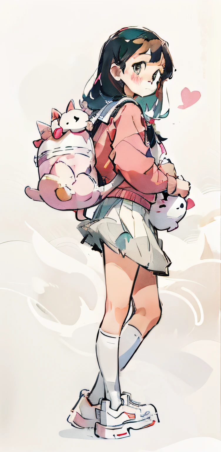 Drawing of a little girl with a stuffed cat, Carrying a school bag on your back, School Girl, girl sketch,10-year-old elementary school student, High-quality full-color illustrations,Japan anime illustrations