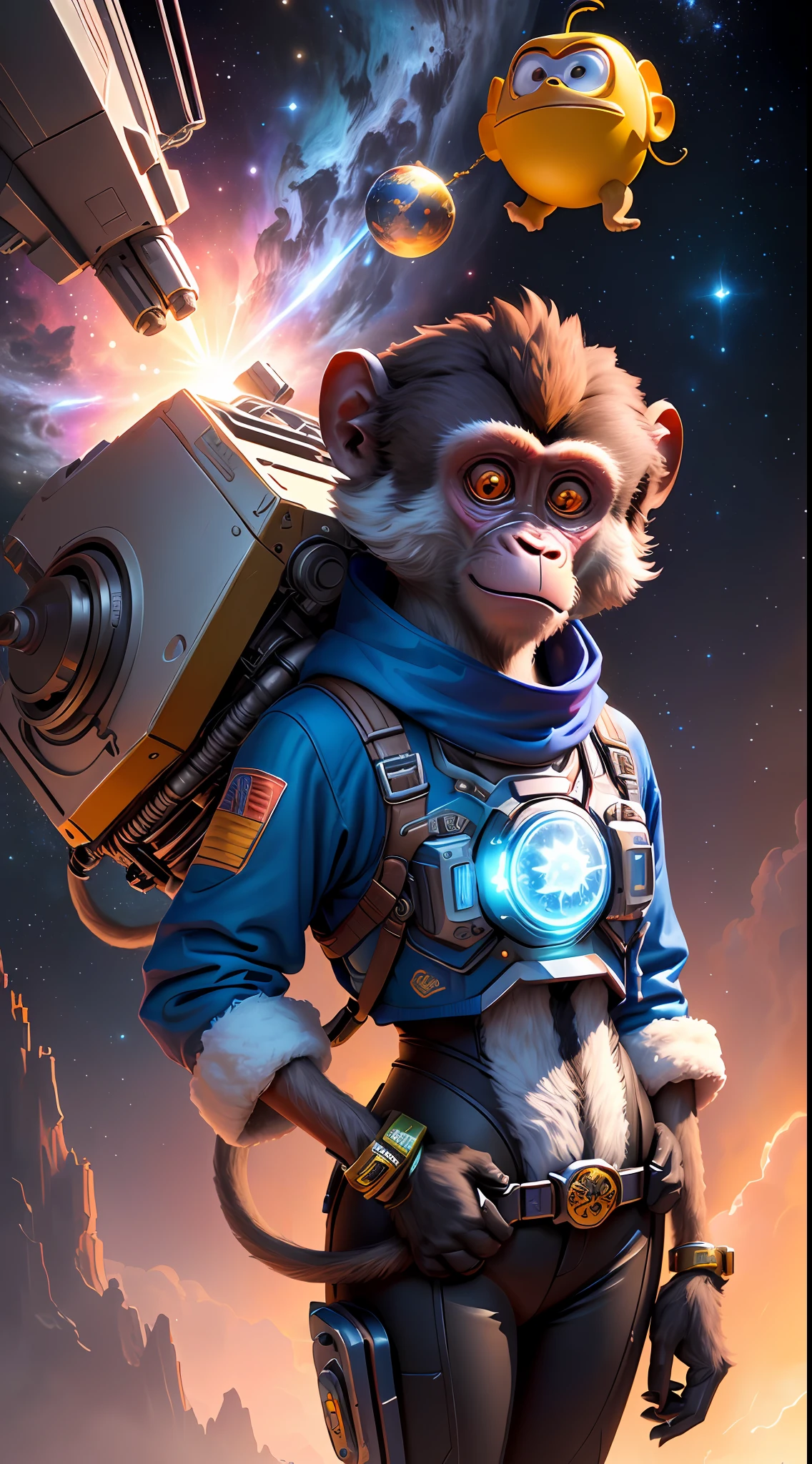 A monkey, magical, Anthropomorphic, Wear a futuristic machine,Carry mechanical weapons, The background is a colorful universe. pixar animation, Funky blind box, OC Render, Ray traching, High quality, High detail, high resolution, 8K, bust size