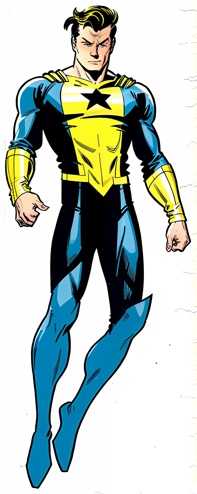 Man in blue and yellow costume with star on chest, blue and yellow costume, logo on chest (star, black color), white skinned male, 60's comics, old comics, peter parker, brown hair, 50's comic book character, angry white eyes, vintage comic character, open eyes, athletic, open white eyes, by stan lee