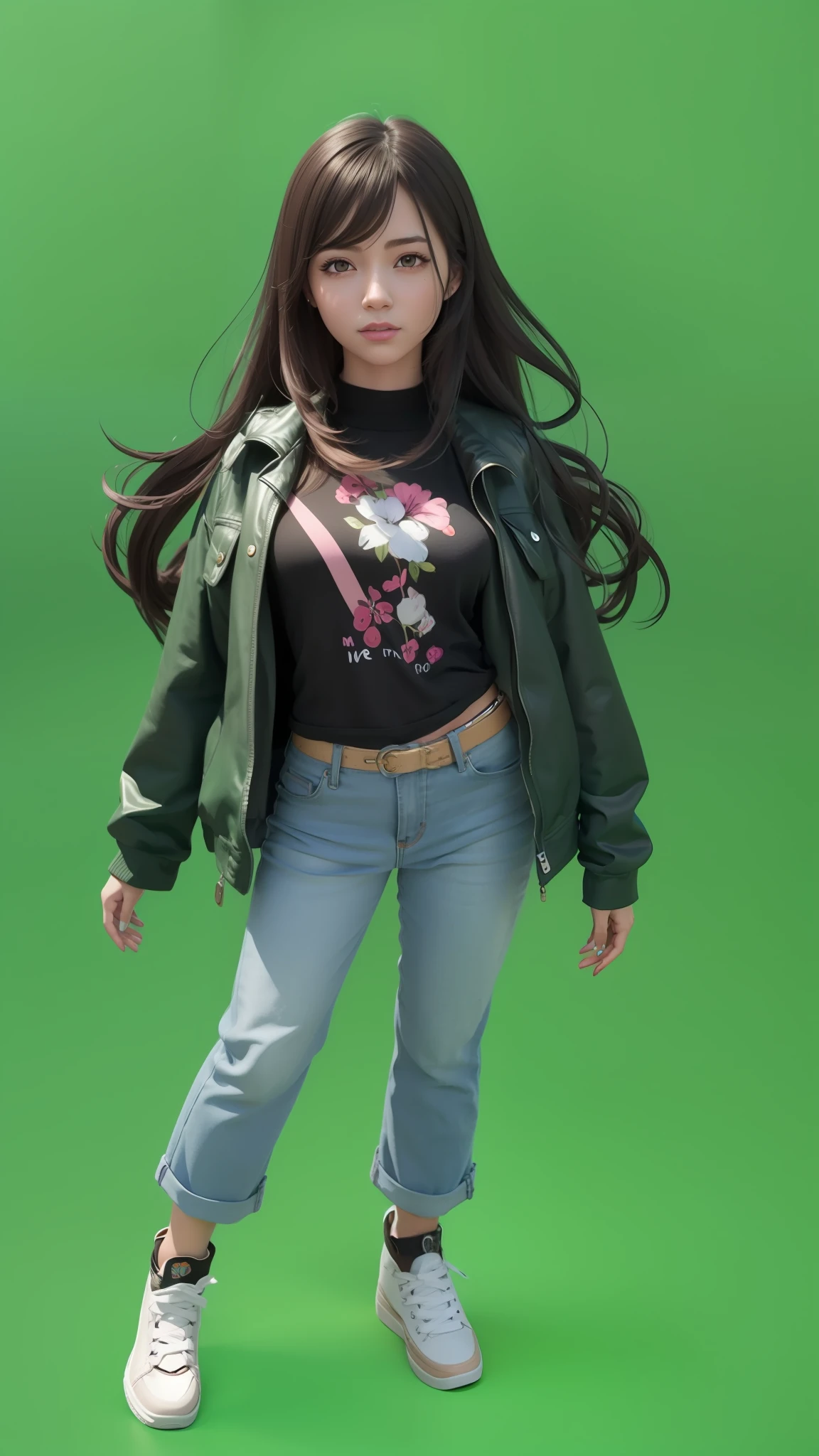 a closeup of a person wearing a jacket and jeans, anime estilo 3d, feito com anime painter studio, personagem estilo anime, Estilo anime 3D realista, Ilya Kuvshinov com cabelo longo, photorealistic anime girl rendering, retrato de personagem de corpo inteiro, menina de cabelo preto vestindo capuz, pintado em anime painter studio, Retrato de corpo inteiro do personagem, arte oficial altamente detalhada
