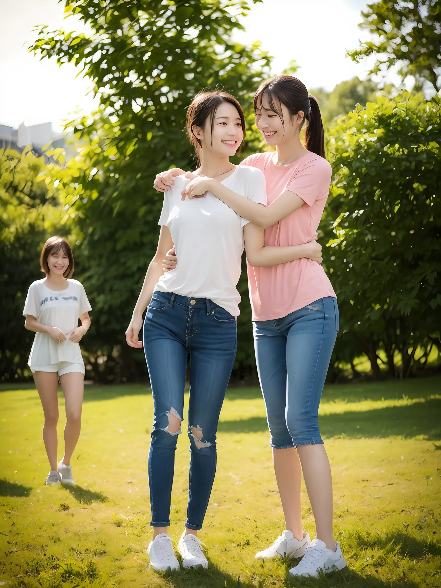 （超高分辨率，RAW photogr，realisticlying，tmasterpiece，best qualtiy：1.4），Complicated details，2 20 year old Korean girl，Wear a loose black T-shirt and skinny jeans，Stand on the grass and take pictures，hugs，Intimate relationships，Detailed meadow，A sweet smile on a small face，Ultra-realistic facial details，The face and skin are pink and white, and luminous，Playful and coquettish pose，The calves are straight and slender:1.2，Wear high-end brand sneakers:1.0，eventide：0.3，Broad lighting，naturalshadow：1.0，超高分辨率，taking a full body photo:1.8 --auto